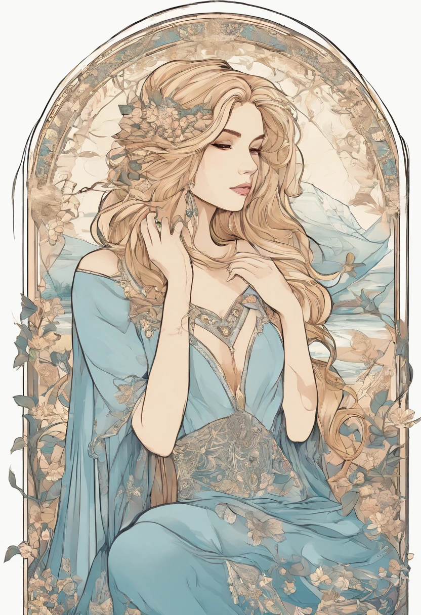 (high quality, relax art:1.2), a beautiful girl, (long messy blond hair), (light-blue crop top dress)