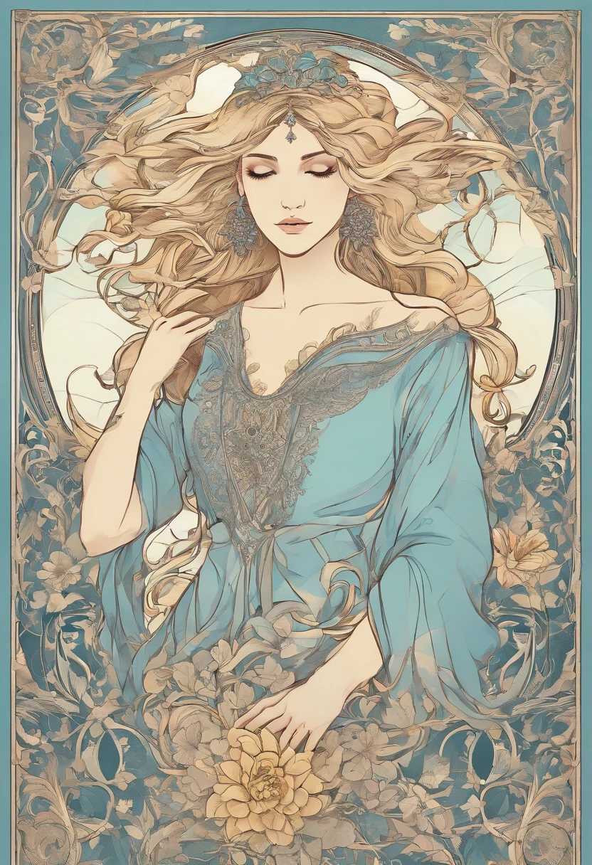 (high quality, relax art:1.2), a beautiful girl, (long messy blond hair), (light-blue crop top dress)
