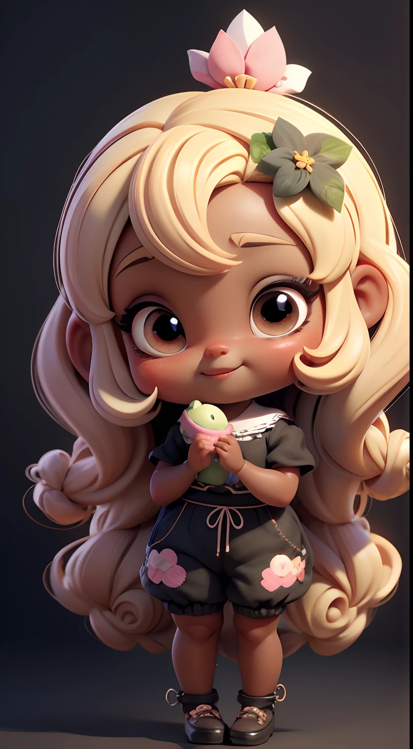 Create a series of black dolls style afro loli chibi cute baby with a cute forest theme, sorridente e fofa, each with lots of detail and in an 8K resolution. pele morena. All dolls should follow the same solid background pattern and be complete in the image, mostrando o (corpo inteiro, incluindo as pernas: 1.5)
Boneca fada: Chame-a de Bella. Ela deve ter cabelo longo e cacheado em tons mesclado e pastel. Seus olhos devem ser grandes e brilhantes, with long eyelashes and rosy cheeks. Bella should be dressed in a country-style jumpsuit, delicado, florido e detalhado. She should not have any accessories on her hands, deixando elas sem nada. Don't forget the details, com detalhes coloridos e enfeites encantadores, sapato bonito
Certifique-se de adicionar sombras, texturas e detalhes nos cabelos, roupas de cada boneca, to make them even more adorable and charming.