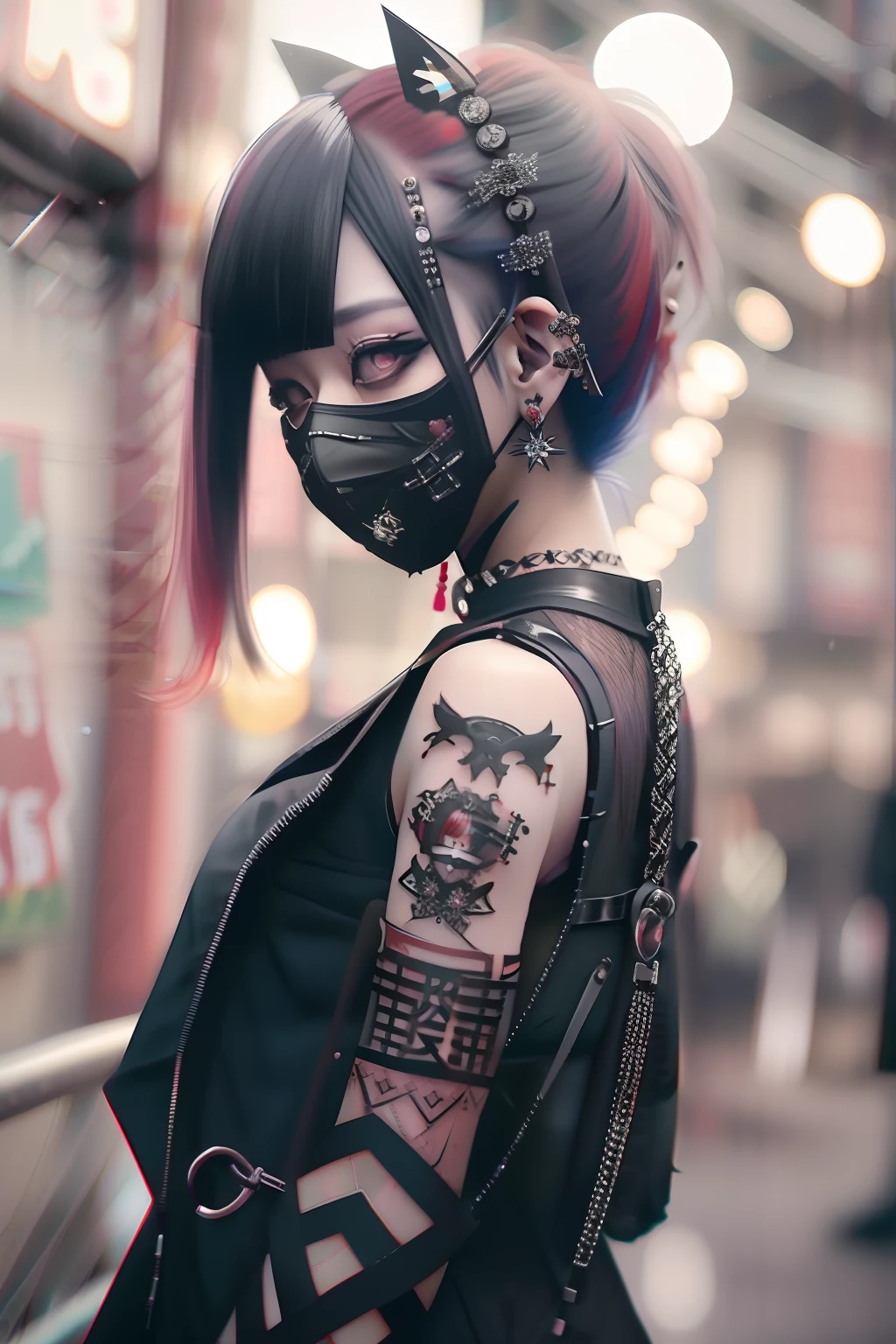Sleeveless、tattoo、bob cuts、bright red、Really red、Red、Red-haired、rot、red hairs、head phone、🎧、goth_punk, 1girl in, 独奏, medium shot, Walking in Harajuku, ((during night)), bokeh dof, Neon light, Iridescent eyes, starrysky, red glowing hair, Black eyebrows, Radiant hair, (iridescent red hair), 耳Nipple Ring, bangss, jewely, masks, bluntbangs, verd s eyes, Mouth mask, blurry backround, bblurry, hair adornments, Look at viewers, shorth hair, portraitures, side locks