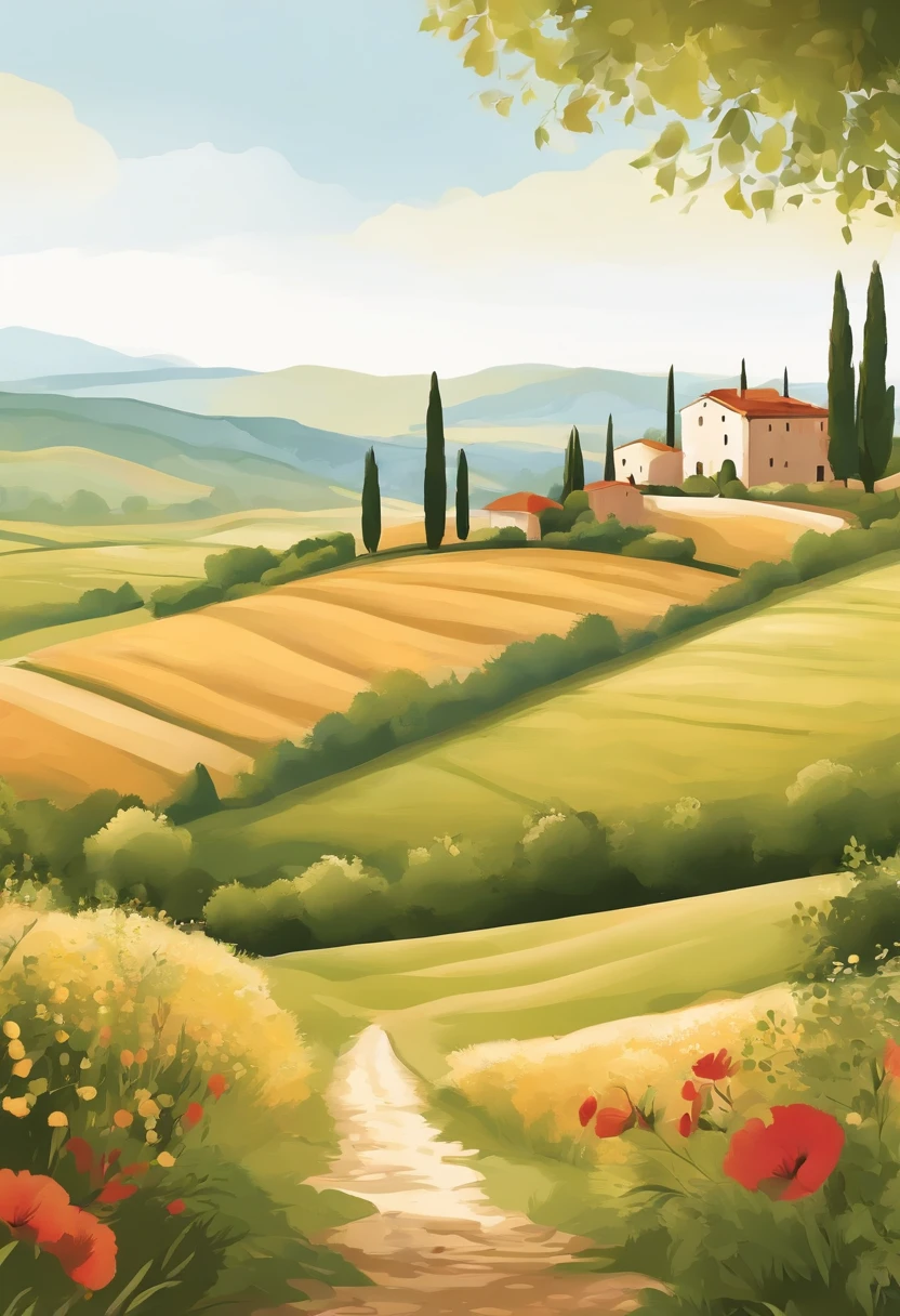 print-ready vector design, Italian countryside scene with no people, clean white background, professional vector, full shot, 8K resolution, watercolor illustration