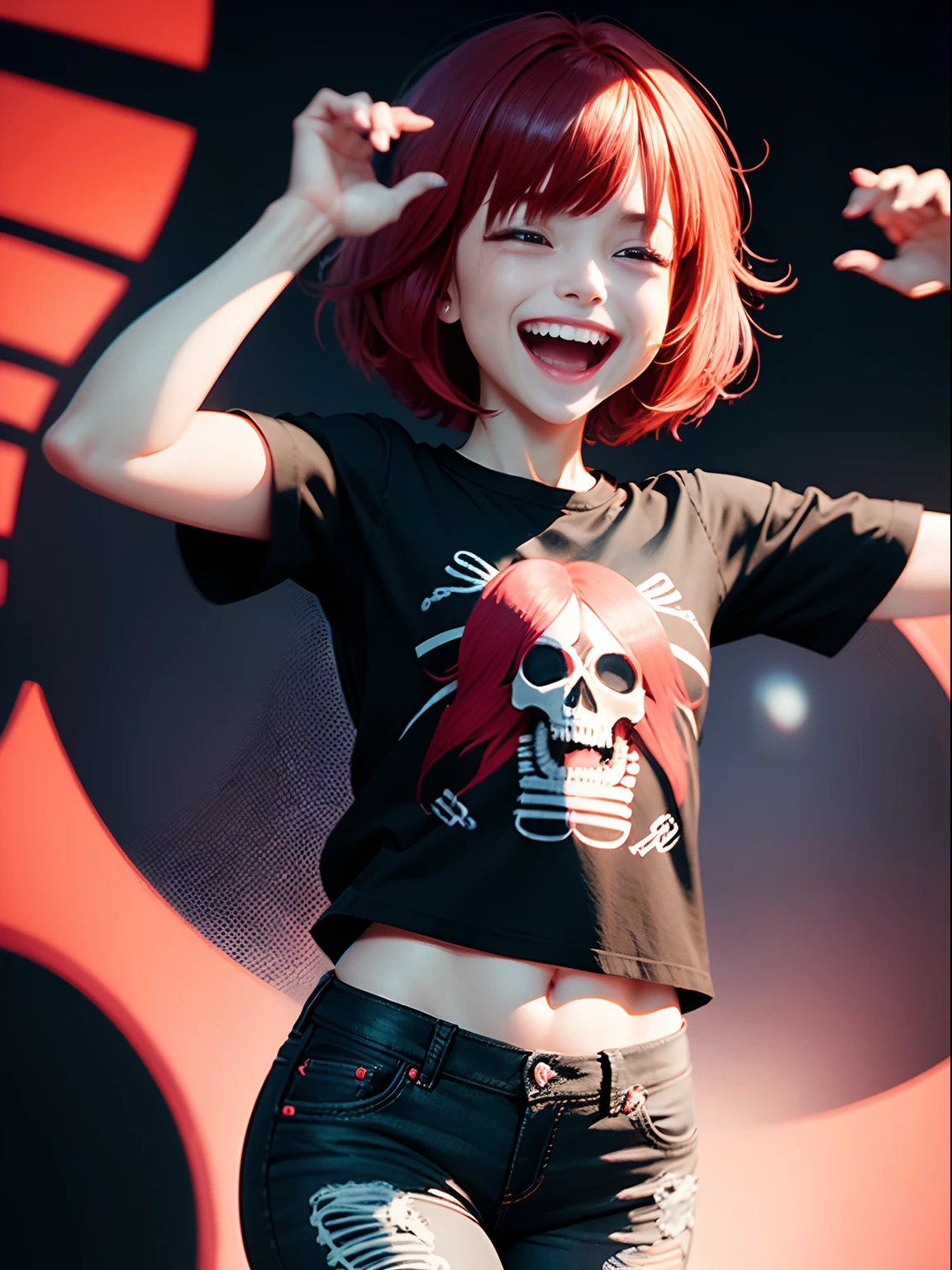 1girl in(((Laughing)))、Reaching the climax:1.3, short-cut、masutepiece、Black denim pants、( Skeleton illustration printed shirt )、red and dense hair、Red GI Cut、Background bokeh:1.5
