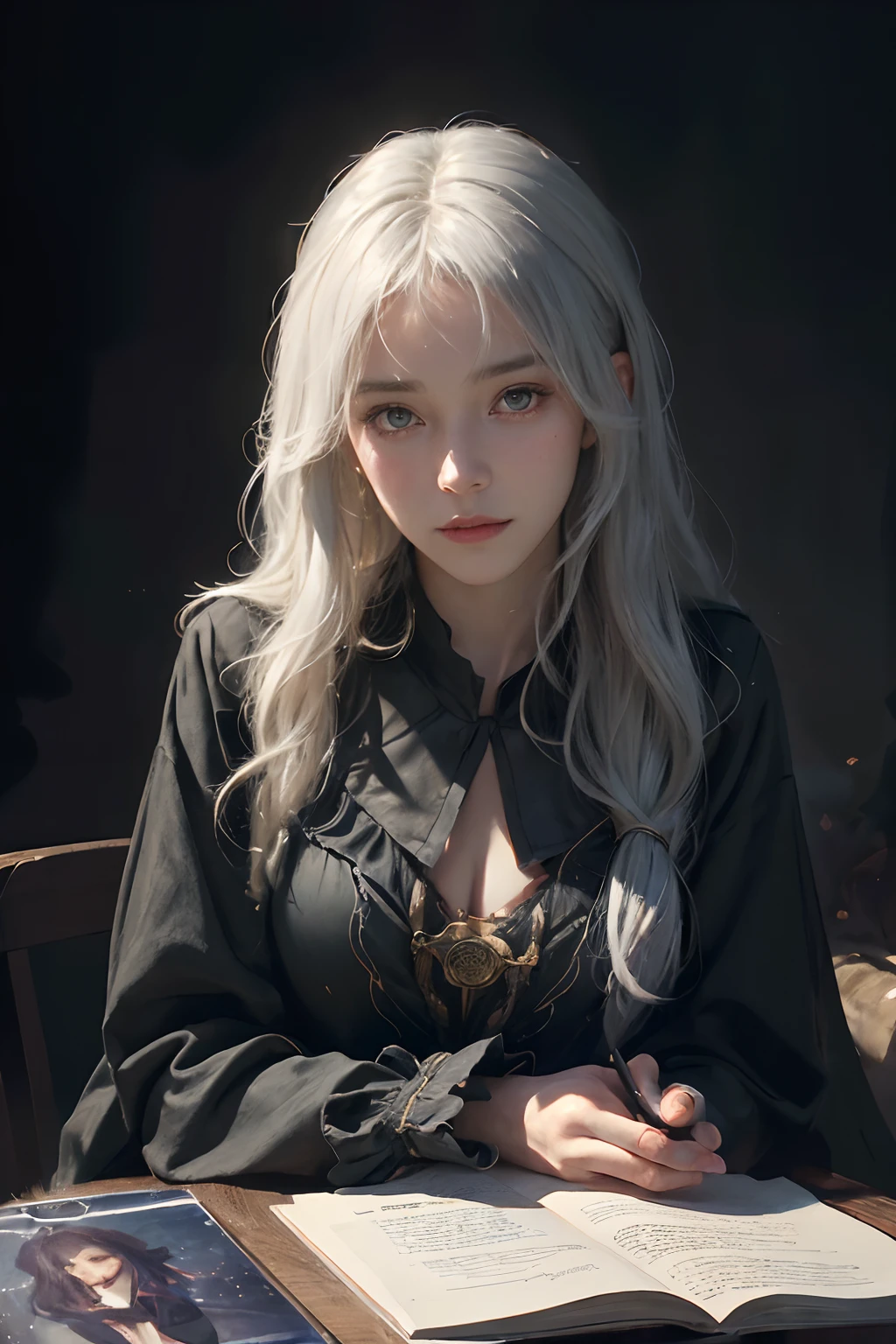(front focus),(in the dark:1.6),
Hyperrealist portrait of female by david hockney and alphonse mucha,fantasy art, photo realistic, dynamic lighting, artstation, poster, volumetric lighting, very detailed faces, 4 k, award winning,, 1girl, in the dark, deep shadow, low key,cowboy shot,(official clothing:1.4) ,long hair,white hair,