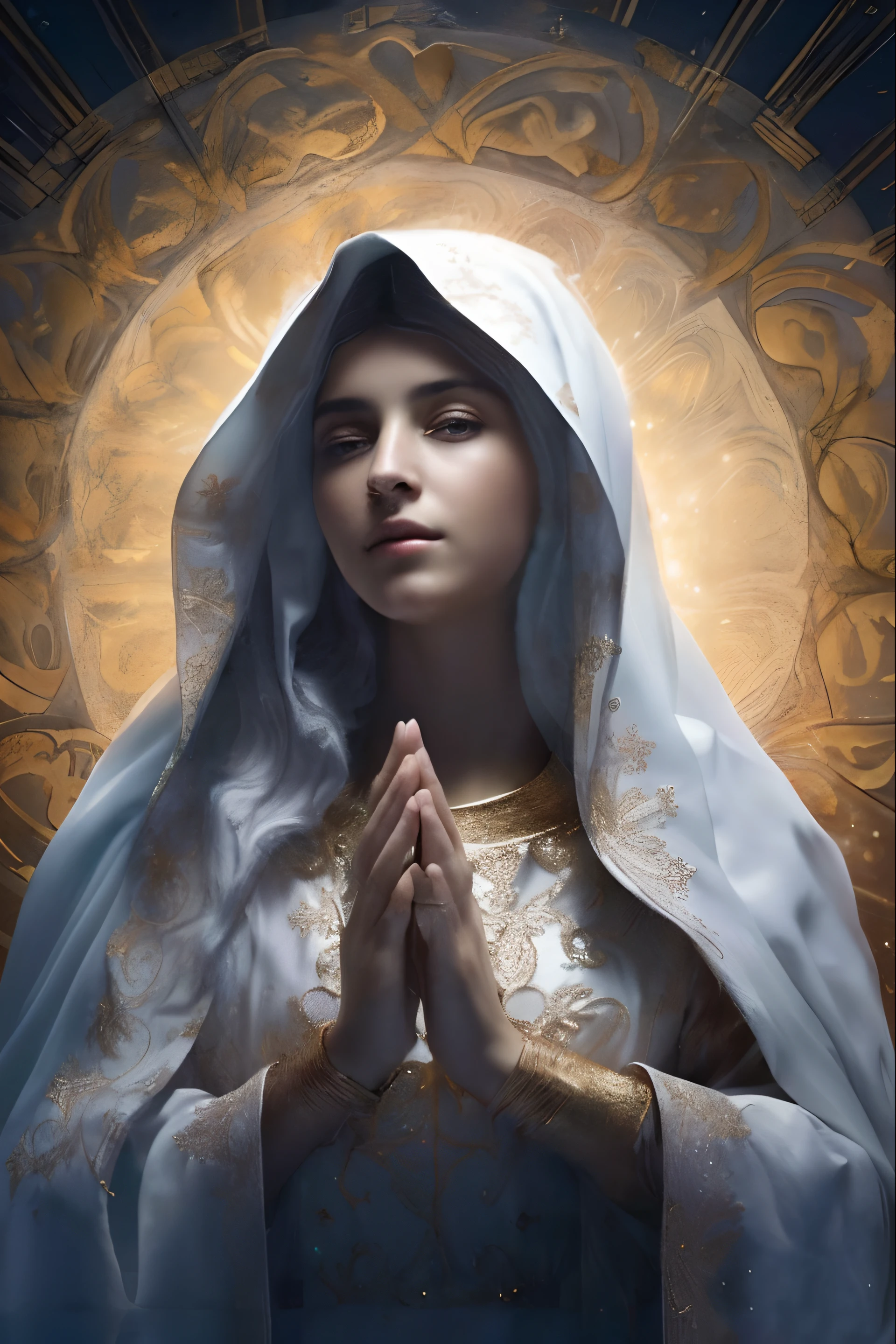 (((Blessed Virgin Mary. 19 years old))) ((( Con una cara seria y piadosa. Con una mirada dulce y tierna))) (obra maestra, calidad superior, mejor calidad, arte oficial, beautiful and aesthetic: 1.2), (1girl), extremadamente detallado, (Arte fractal: 1.3), colorido, highest detailed, Cara perfecta, parte superior del cuerpo, HDR, (orando: 1.3), (golden lines of white coat: 1.2), galaxia, (rayas de luz), eye-catching visuals, (dynamic stripes, senderos luminosos: 1.2), colores vibrantes,