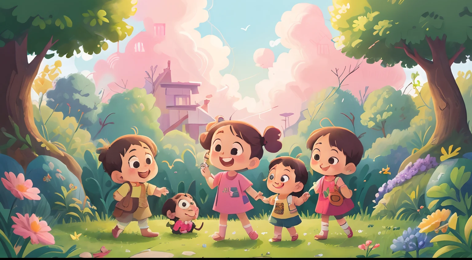 Pink style,Happy kids girl. idyllic scenery.Pink clouds, Women's children's clothing. Cole Lisa. Simple art. Ghibli-style studio. on the garden, Hold the treasure map