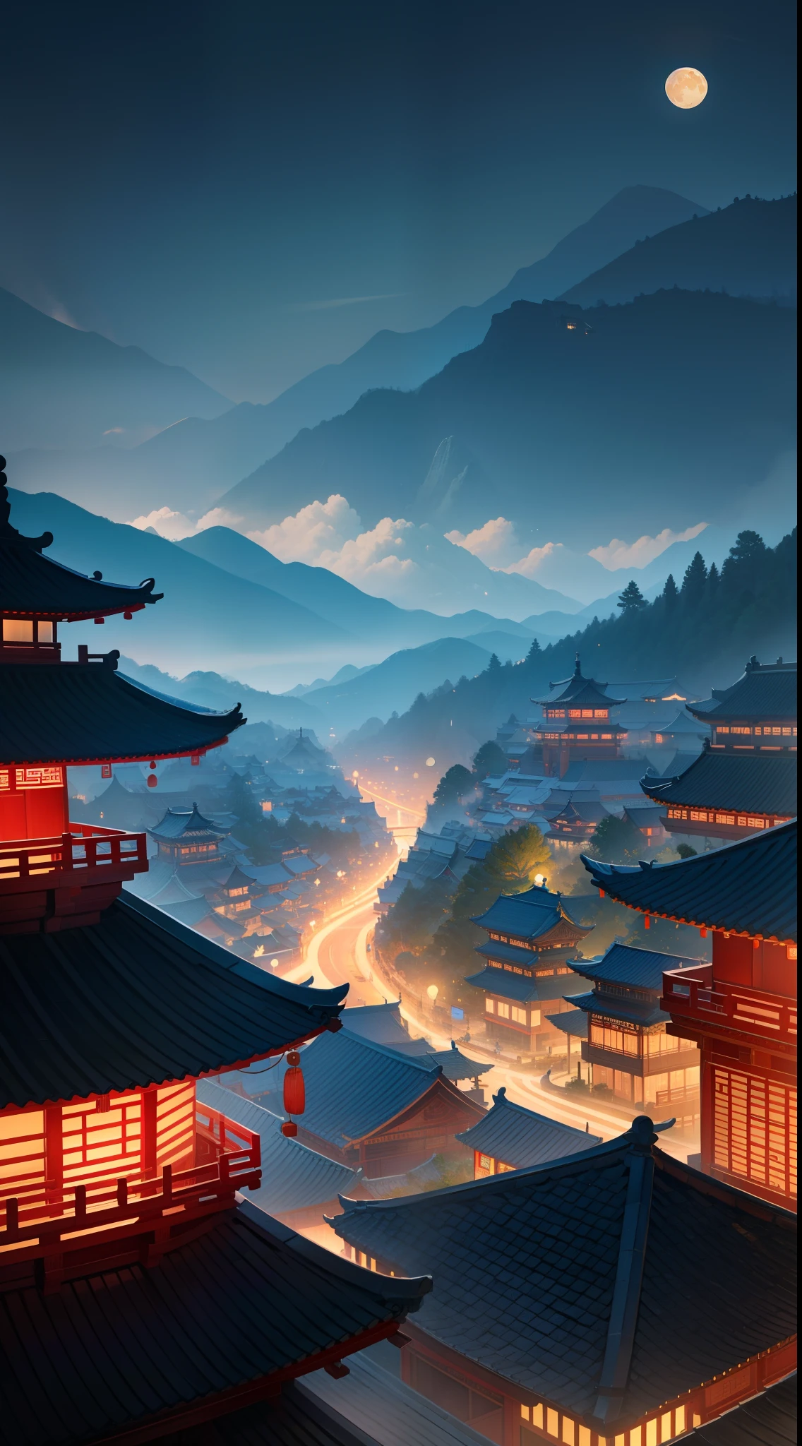 Mid-Autumn Festival view at night,Middle Street,Chinese-style buildings on both sides,Mountains in the distance,Huge moon in the sky,In a fantastical otherworldly visual style,Light cyan and gold,intricate map world,Illustration of a hyperrealistic,romantic cityscapes,Organic shapes and curves,Pavilions,Huge white moon in the sky,Ancient Chinese landscapes,mountain ranges,rios,Auspicious clouds,tmasterpiece,super detailing,Epic composition,hyper HD,high qulity,extremely detaile,offcial art,Unity8k wallpapers,super detailing,32k -- v 6 --v6