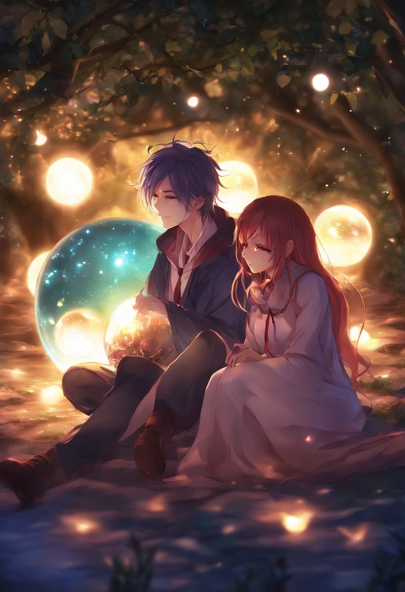 Anime couple sitting on the ground,With glowing spheres, no game no life, beautiful fantasy anime, anime in fantasy style, zerochan art, hd anime wallaper, Anime fantasy artwork, anime wallaper, ethereal anime, Beautiful anime, Anime fantasy illustration, Beautiful anime artwork, anime artsyle, Beautiful anime art, pixiv contest winner, Digital art on Pixiv