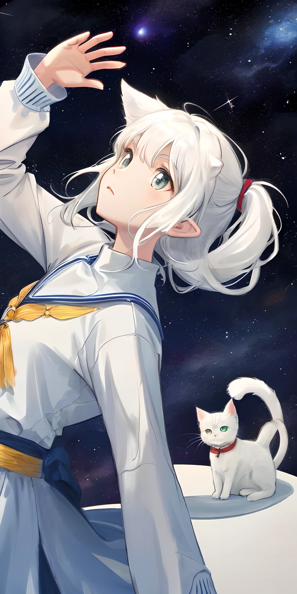 White-haired cat-eared girl looking up at the starry sky