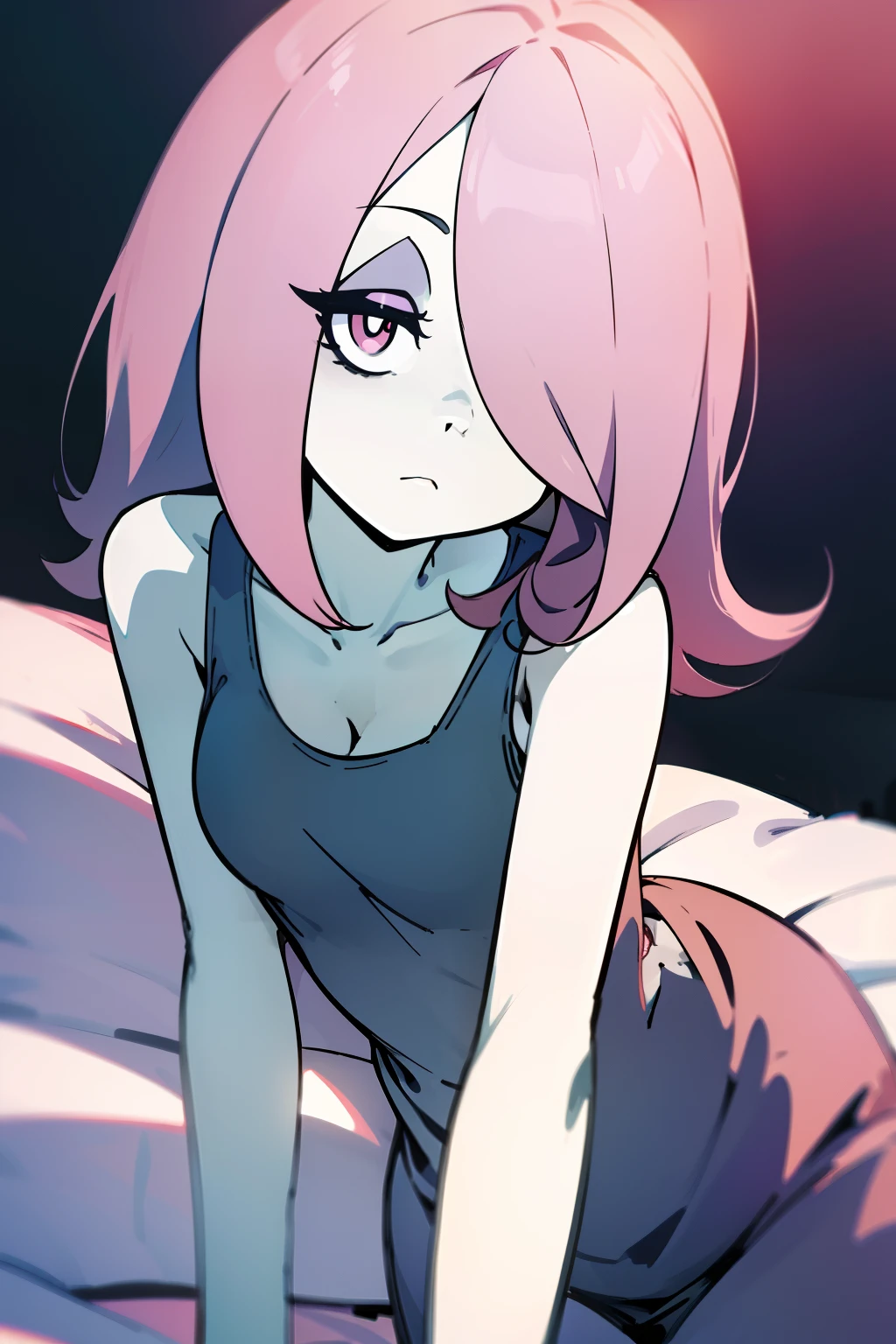 masterpiece,best quality,high quality, best quality, 4k,8k,Sucy Manbavaran, dull pink hair, bedroom, hair over eye, illustration,anime style, pale skin, droopy eyes, sleepy expression, curvy, laying on bed, looking at viewer, anime artstyle, bags under eyes, white tank top, small breasts