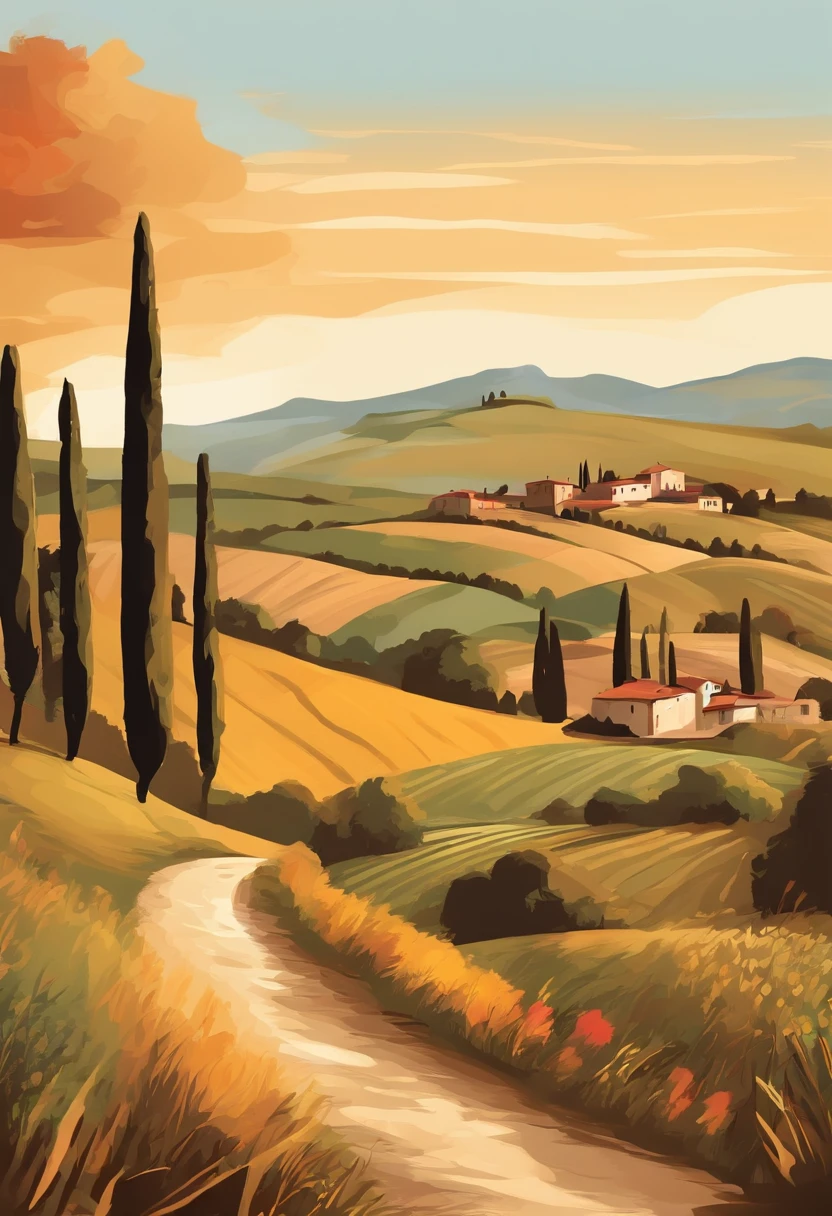 print-ready vector design, Italian countryside scene with no people, professional vector, full shot, 8K resolution, messy watercolor illustration