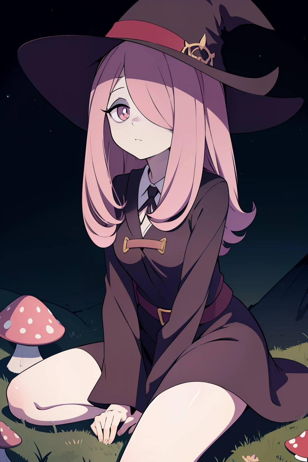 masterpiece,best quality,high quality, best quality, 4k,8k,Sucy Manbavaran, witch hat, dull pink hair, night sky, stars, hair over eye, illustration,anime style, pale skin, droopy eyes, sleepy expression, curvy, sitting on rock, field of mushrooms, hands at side,anmnr, anime artstyle, bags under eyes