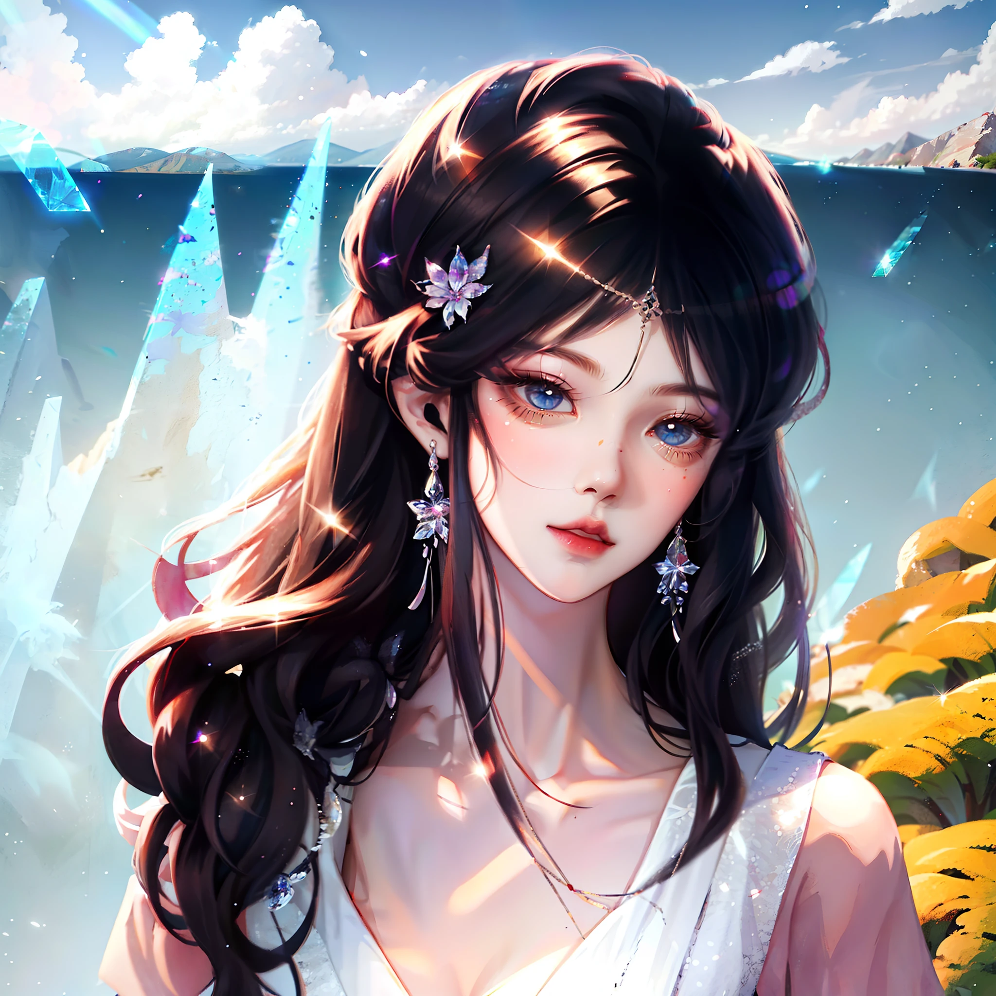 Anime girl with crystal eyes, black hair, beautiful face, cute body, beautiful Landscape, komi