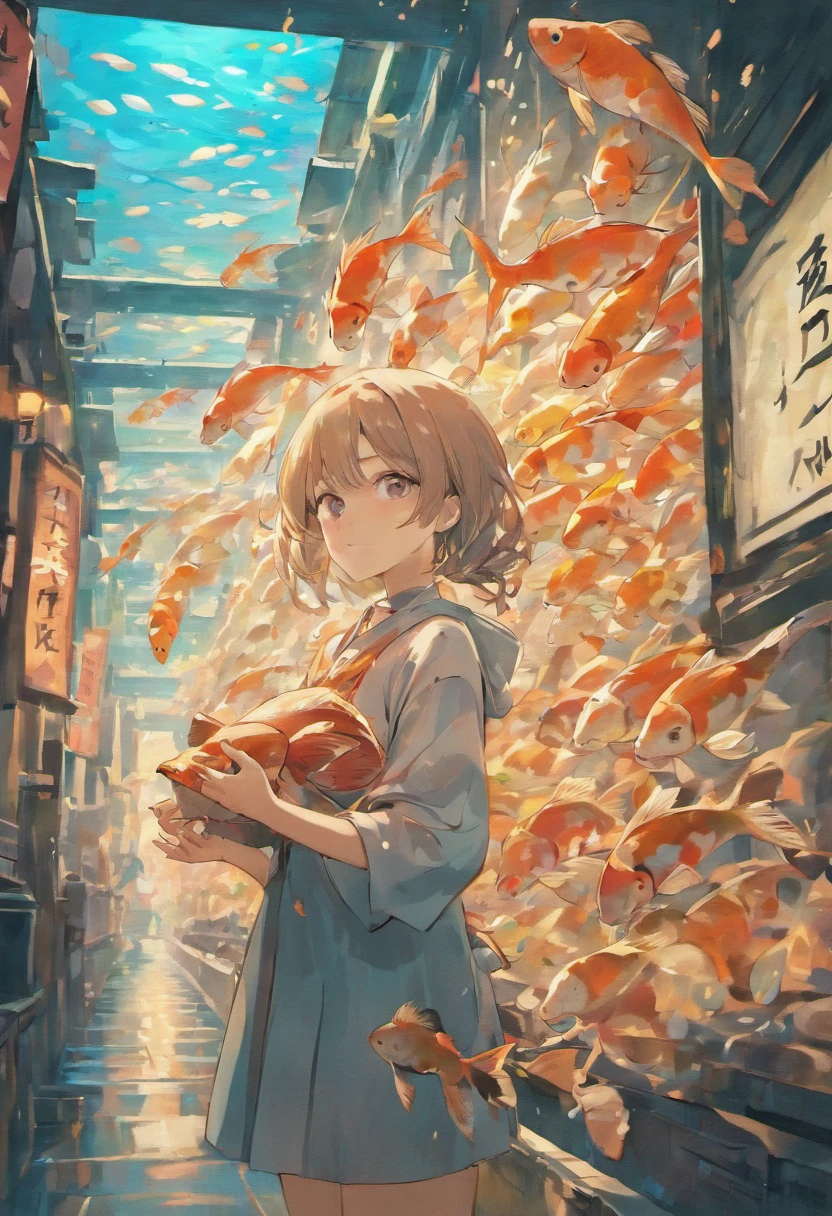 A girl holds a koi fish,Good luck written on the screen accompanies you in Chinese characters,plethora of colors,Excellent details,