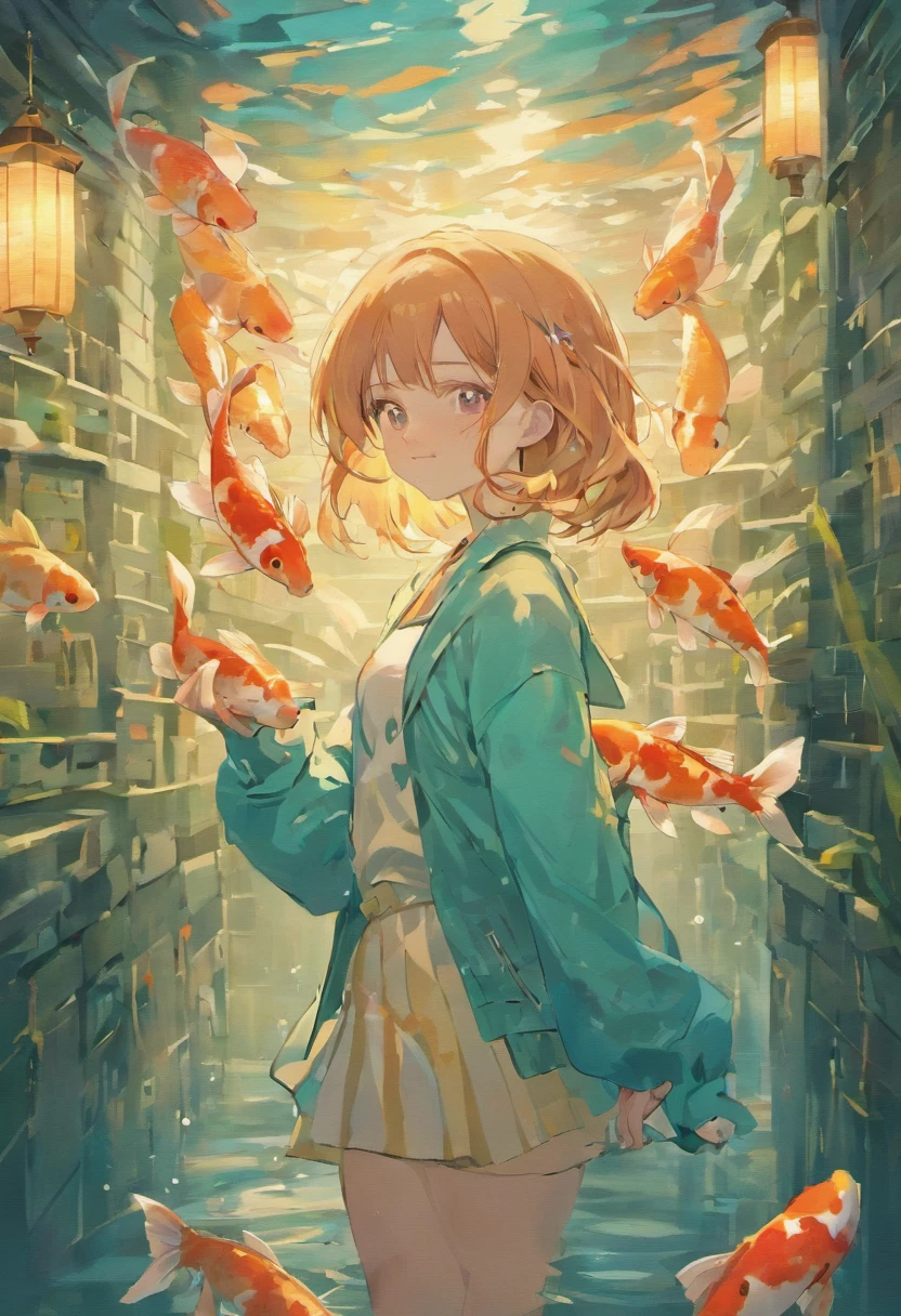 A girl holds a koi fish,Good luck written on the screen accompanies you in Chinese characters,plethora of colors,Excellent details,