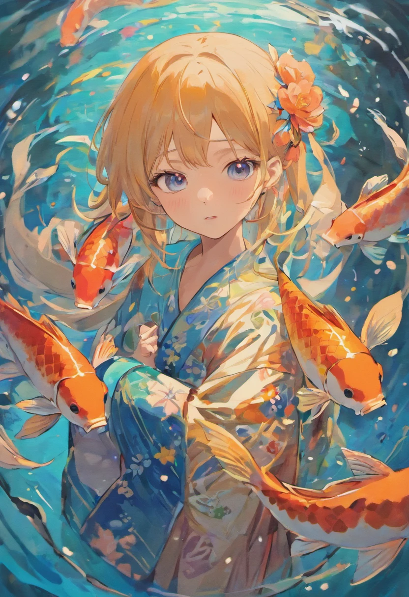 A girl holds a koi fish，Good luck written on the screen accompanies you in Chinese characters，plethora of colors，Excellent details，
