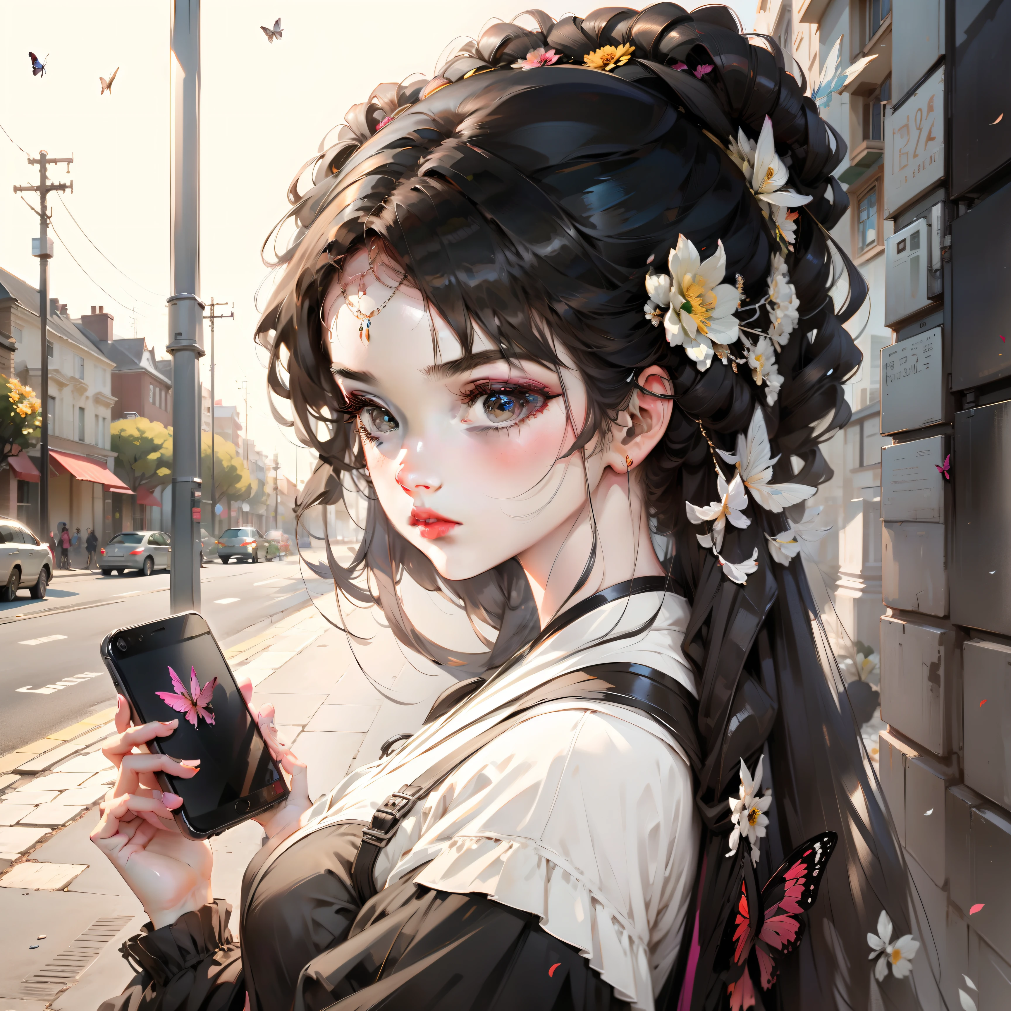A girl holding a mobile phone wearing a butterfly hair ornament,Black eyes,black color hair,At the corner of the street full of flowers