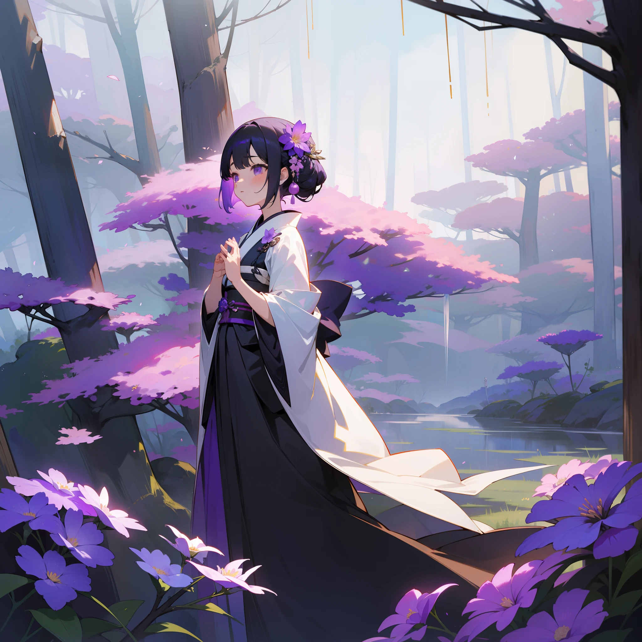 In a dreamy landscape、One woman stood in silence。Her kimono is an exquisite color scheme of purple and black、Gracefully envelops the body。In his hands is a hamacion flower.、flower language「Recall」Dwelling in her gaze。Bygone days々々While remembering、She seemed to spend eternity in a fantastic world。
