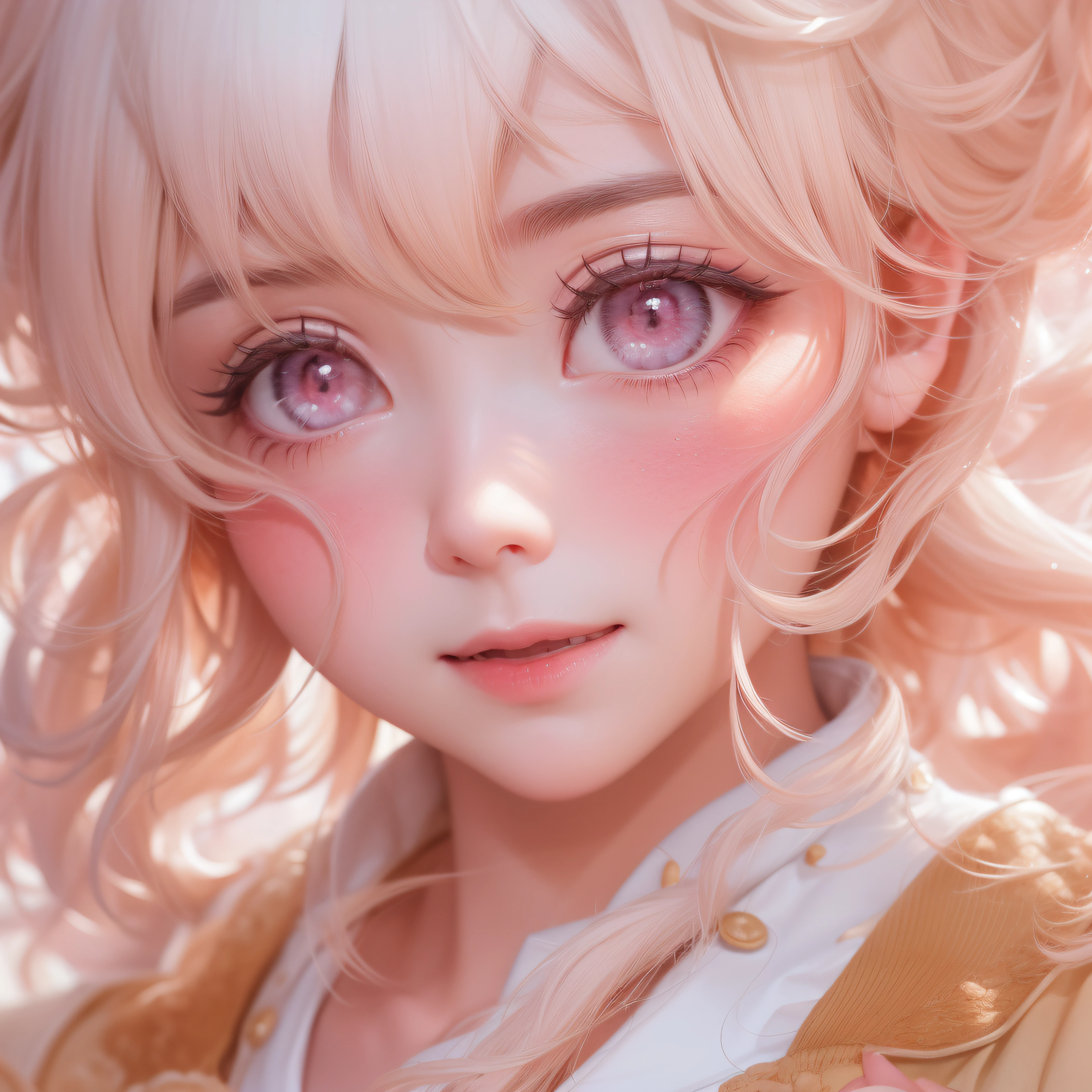 Close up of a smile with the corners of the mouth raised、Nurse、Nurse Costume、Cosplay、(realisitic、hight resolution)、(1 girl in)、Nurse、Do-Up Eye、Korean Girl、(Best Quality), (masutepiece), (1girl in), Solo, a beauty girl, Perfect face, Big Breast,dreamlikeart、Highly detailed airbrush art((Surreal))、Volumetric lighting、(top-quality)、The ultra-detailliert、(The composition of the movement:1.4)、Highly detailed colorful details、(Bright lighting)、dynamic compositions、Ray traching、The mirror reflects light、Shallow depth of field、ultra-detailliert、mixing exposure、nffsw、Her eyes are glowing pink、Staring at the pink sea。Her pink face is full of anticipation and courage for a nurse.、A smile appears on the lips of a nurse。 At the rear、The sun is slowly tilting to the west。Its light brings nurse light to the sea surface、The swaying waves create a beautiful scene。Her eyes are clearly glowing pink。Lots of pink