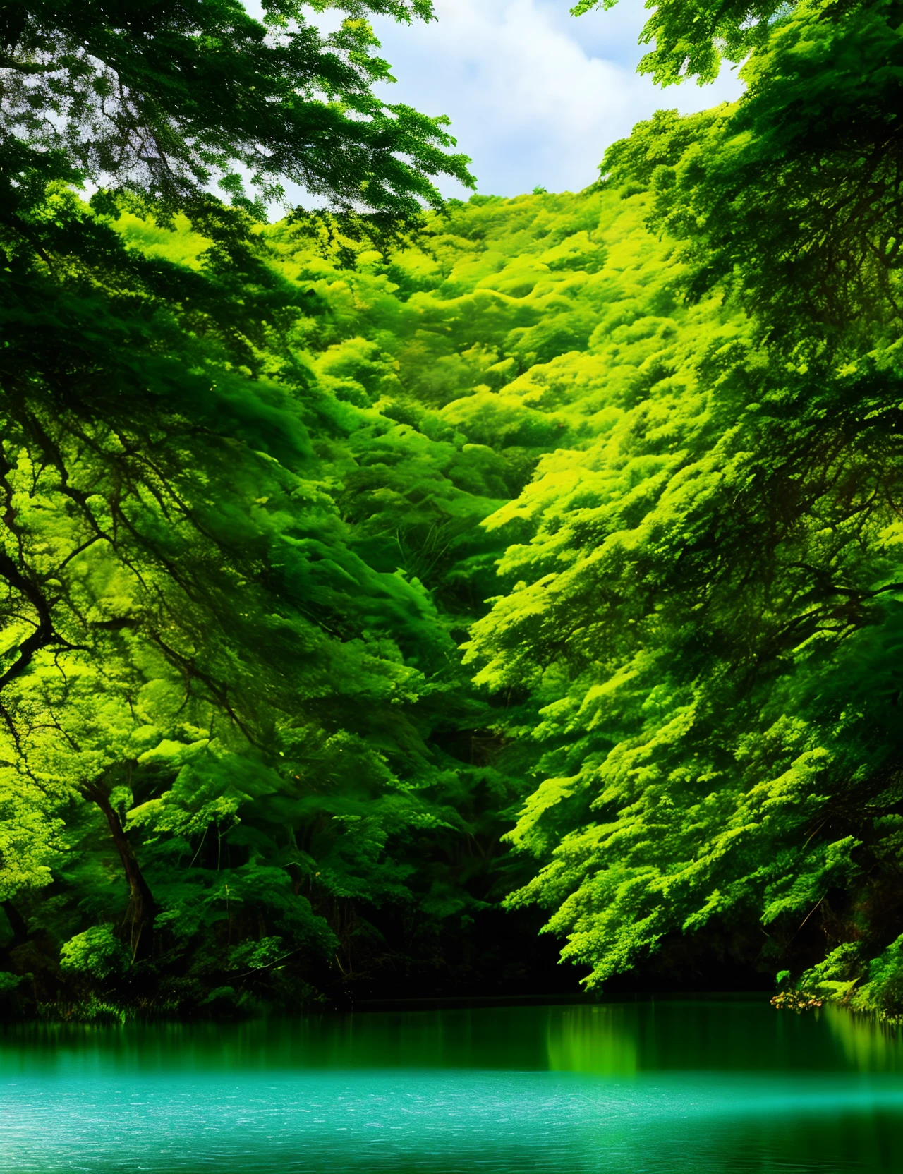 Create an AI-generated image that beautifully captures the harmony of nature in shades of green and blue. The image should evoke feelings of serenity and connection to the Earth. Show the beauty of lush forests, tranquil waters, or any other natural scenes that represent the union of green and blue in our world