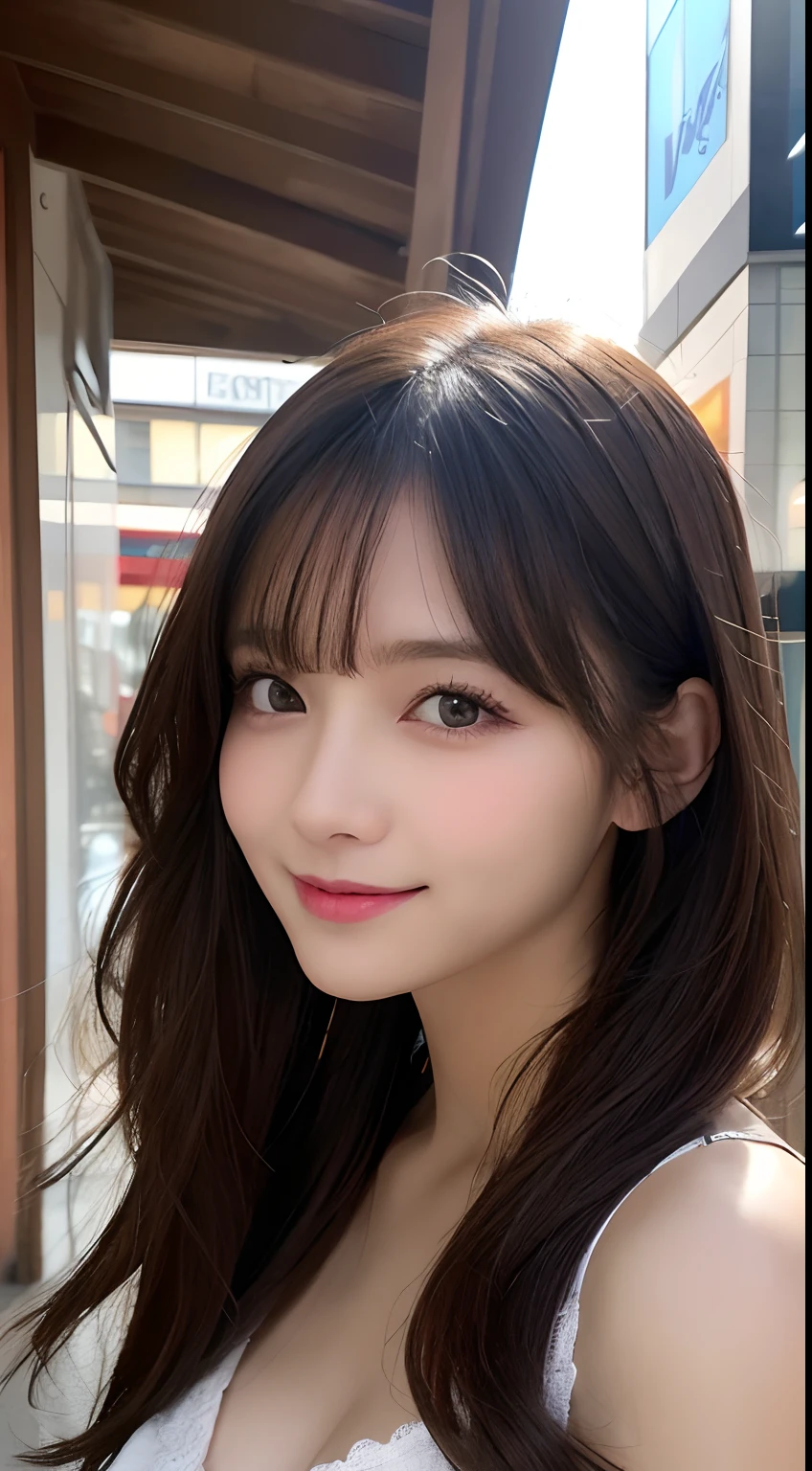 Tabletop, highest quality, shape, Very detailed, finely, High resolution, 8k wallpaper, 完璧なダイナミックな構shape, Beautiful and detailed,ランダムなcute髪,,Natural color lip, Bold sexy pose,smile、20-year-old girl、cute、Looking at the camera,Always blur the background,Perfect and beautiful face,Slim face and figure,Big eyes、Putting on gal makeup,Small face,Shooting from below、smile,Blurred Background,Elegant feminine face、Cyberpunk Fashion、smile