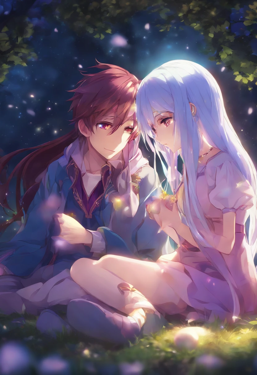 Anime couple sitting on the ground，With glowing spheres, no game no life, beautiful fantasy anime, anime in fantasy style, zerochan art, hd anime wallaper, Anime fantasy artwork, anime wallaper, ethereal anime, Beautiful anime, Anime fantasy illustration, Beautiful anime artwork, anime artsyle