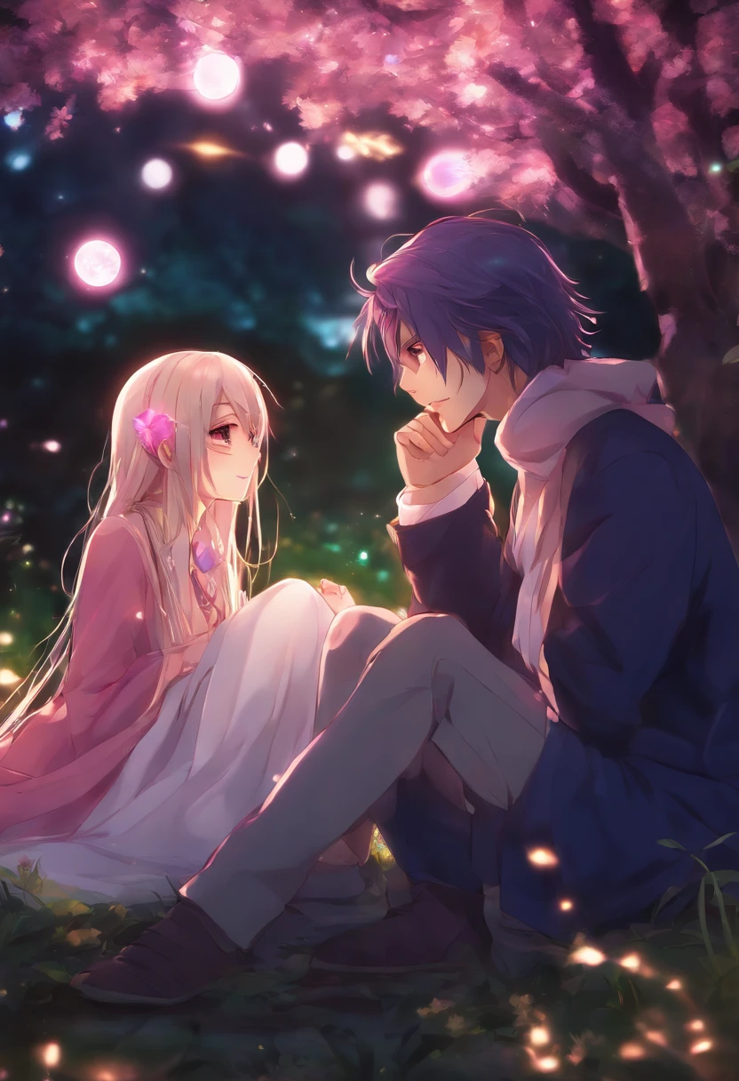 Anime couple sitting on the ground，With glowing spheres, no game no life, beautiful fantasy anime, anime in fantasy style, zerochan art, hd anime wallaper, Anime fantasy artwork, anime wallaper, ethereal anime, Beautiful anime, Anime fantasy illustration, Beautiful anime artwork, anime artsyle