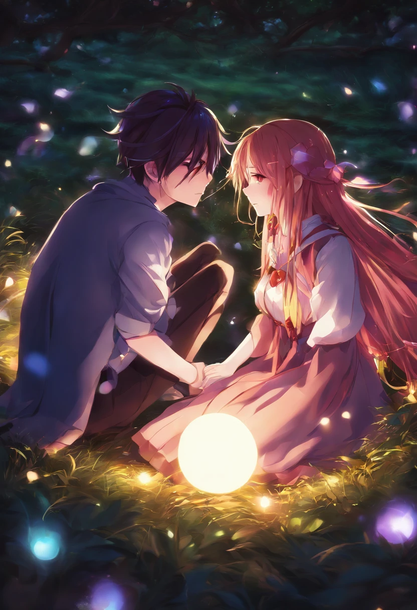 Anime couple sitting on the ground，With glowing spheres, no game no life, beautiful fantasy anime, anime in fantasy style, zerochan art, hd anime wallaper, Anime fantasy artwork, anime wallaper, ethereal anime, Beautiful anime, Anime fantasy illustration, Beautiful anime artwork, anime artsyle