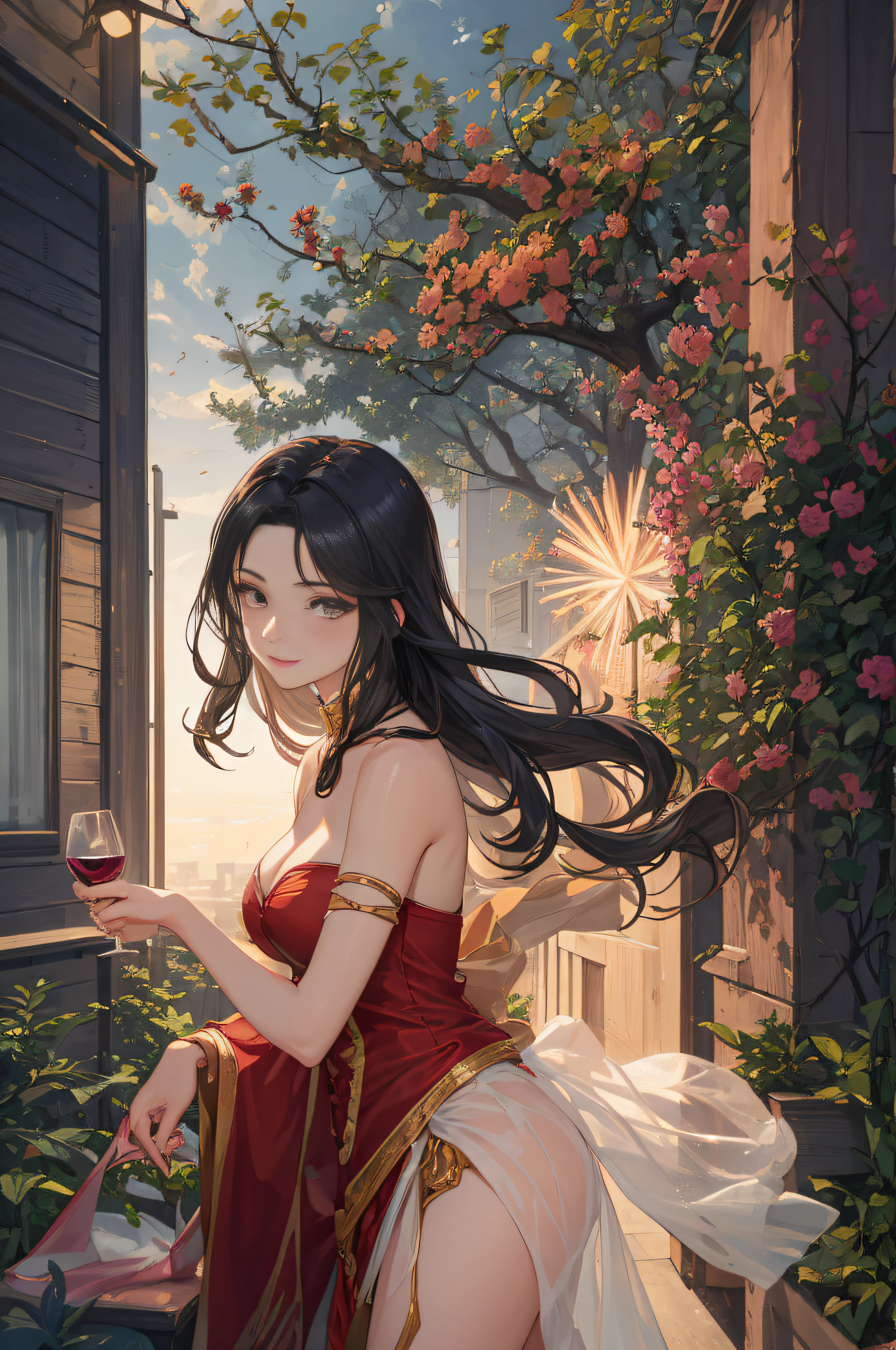 ((A sexy and beautiful woman holding a wine glass and looking at me on the terrace)), ((The cutest 22-year-old beauty)), Charming smile, ((Fireworks in the background) ), ((Very long hair) ), ((One piece with a lot of exposed parts)), ((Rich bust)), Gradient eyes, Seductive makeup, Single view, NFFSW, UHD, Retina, Masterpiece, Accurate, Anatomy Scientifically correct, textured skin, super detail, high detail, high quality, award winning, highest quality, high resolution, 1080P, HD, 4K, 8k, 16k