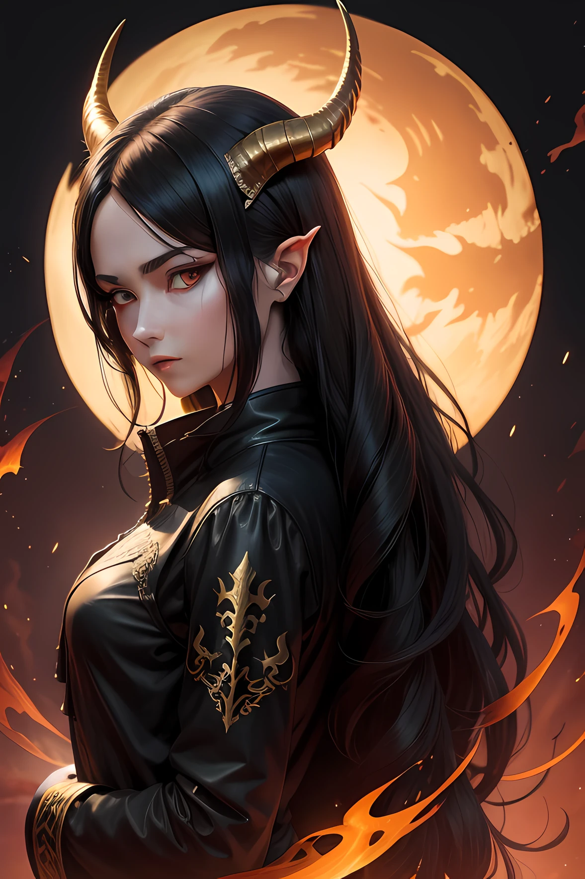 Dragon in human form with the silhouette of a dragon behind, in its human form has the appearance of a 25-year-old woman and horns and black clothes with golden eyes