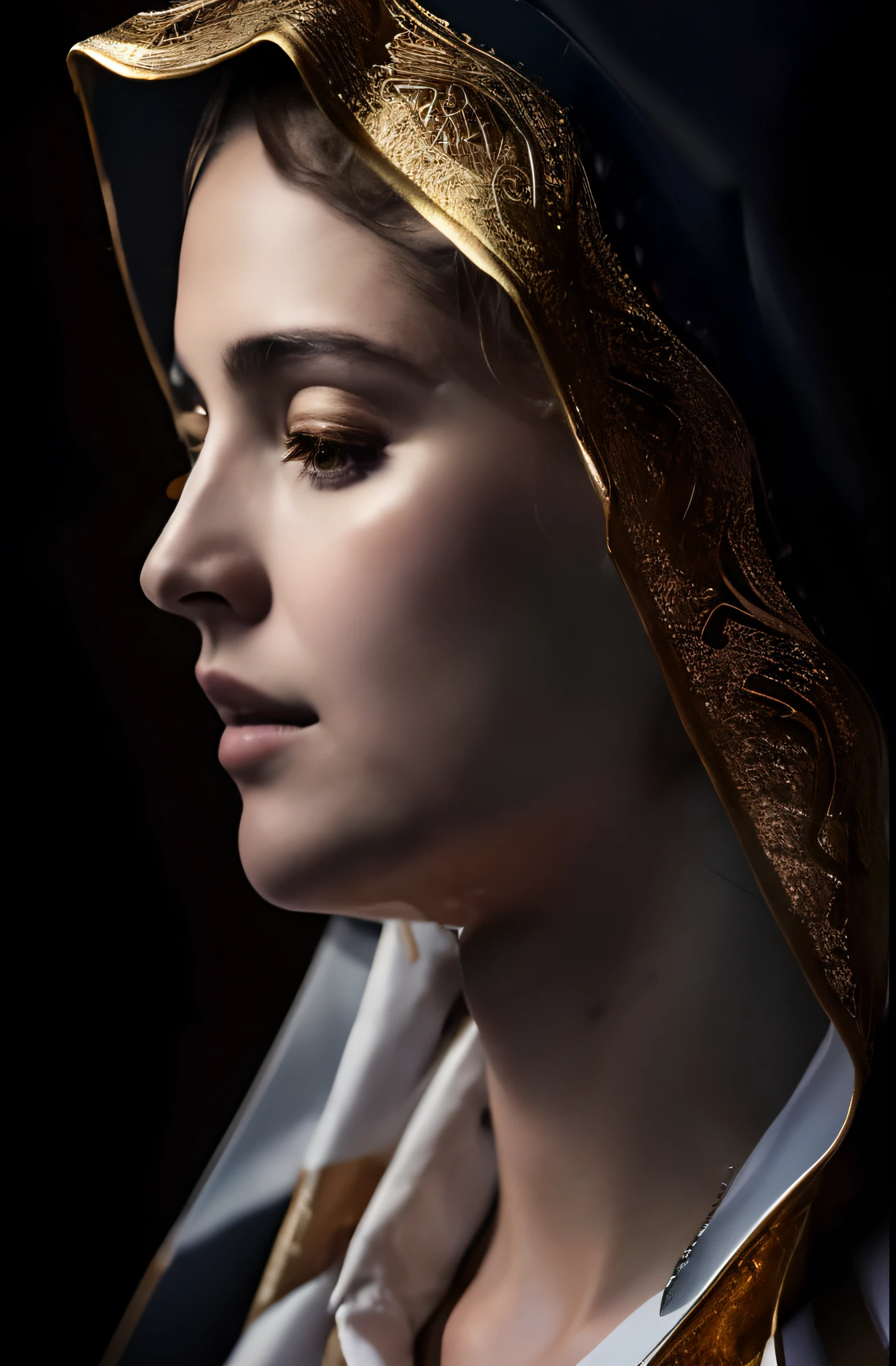 (((Saint Virgin Mary. 19 years olinetic style))) ((( Con una cara seria y piadosa. Con una mirada dulce y tierna))) (obra maestra, calidad superior, mejor calidad, arte oficial, beautiful and aesthetic: 1.2), (1girl), extremadamente detallado, (Arte fractal: 1.3), colorido, highest detailed, Cara perfecta, parte superior del cuerpo, HDR, (orando: 1.3), (golden lines of white coat: 1.2), galaxia, (rayas de luz), eye-catching visuals, (dynamic stripes, senderos luminosos: 1.2), colores vibrantes,