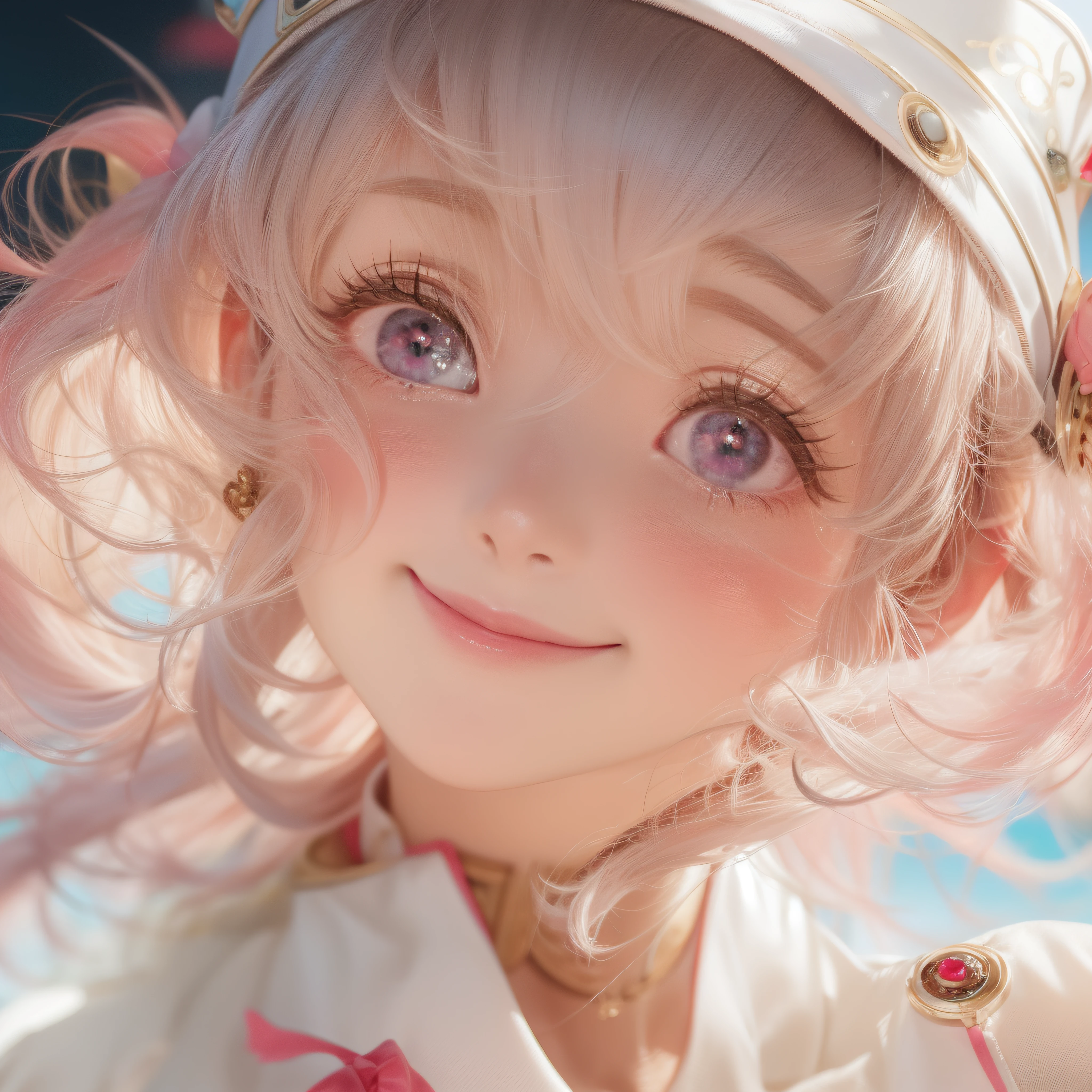 Close up of a smile with the corners of the mouth raised、Nurse、Nurse Costume、Cosplay、(realisitic、hight resolution)、(1 girl in)、Nurse、Do-Up Eye、Korean Girl、(Best Quality), (masutepiece), (1girl in), Solo, a beauty girl, Perfect face, Big Breast,dreamlikeart、Highly detailed airbrush art((Surreal))、Volumetric lighting、(top-quality)、The ultra-detailliert、(The composition of the movement:1.4)、Highly detailed colorful details、(Bright lighting)、dynamic compositions、Ray traching、The mirror reflects light、Shallow depth of field、ultra-detailliert、mixing exposure、nffsw、Her eyes are glowing pink、Staring at the pink sea。Her pink face is full of anticipation and courage for a nurse.、A smile appears on the lips of a nurse。 At the rear、The sun is slowly tilting to the west。Its light brings nurse light to the sea surface、The swaying waves create a beautiful scene。Her eyes are clearly glowing pink。Lots of pink