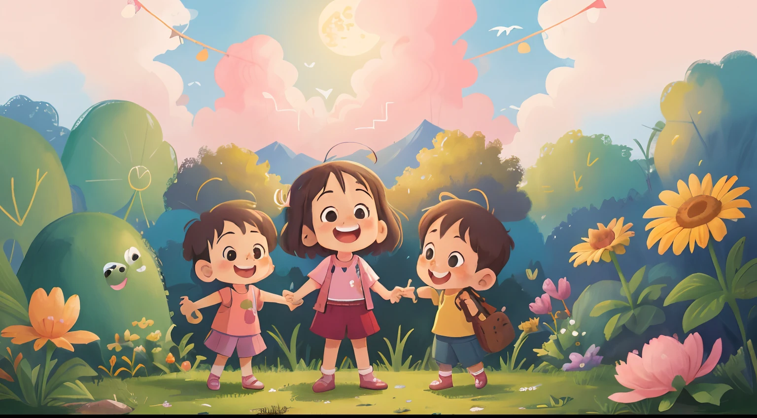 Pink style，Happy kids girl. idyllic scenery.Pink clouds， Women's children's clothing. Cole Lisa. Simple art. Ghibli-style studio. on the garden, Hold the treasure map