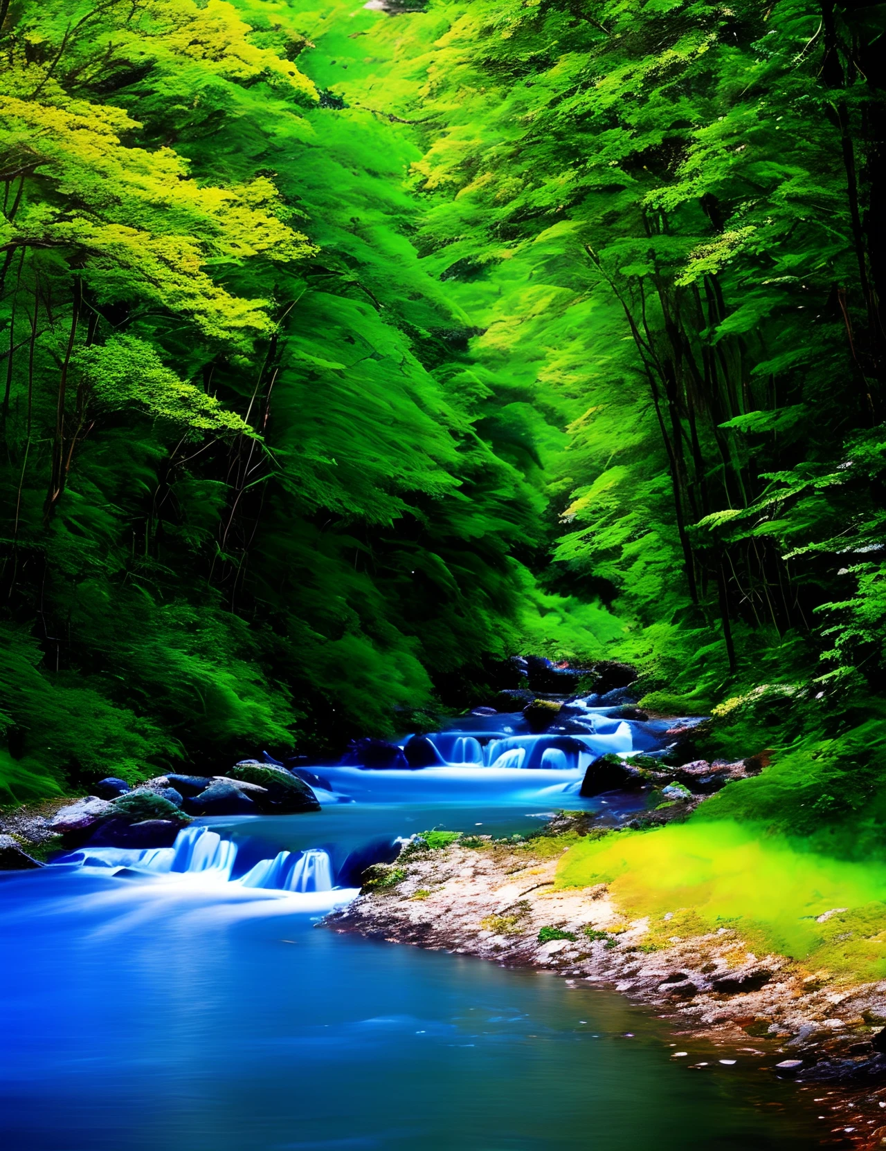 Create an AI-generated image that beautifully captures the harmony of nature in shades of green and blue. The image should evoke feelings of serenity and connection to the Earth. Show the beauty of lush forests, tranquil waters, or any other natural scenes that represent the union of green and blue in our world