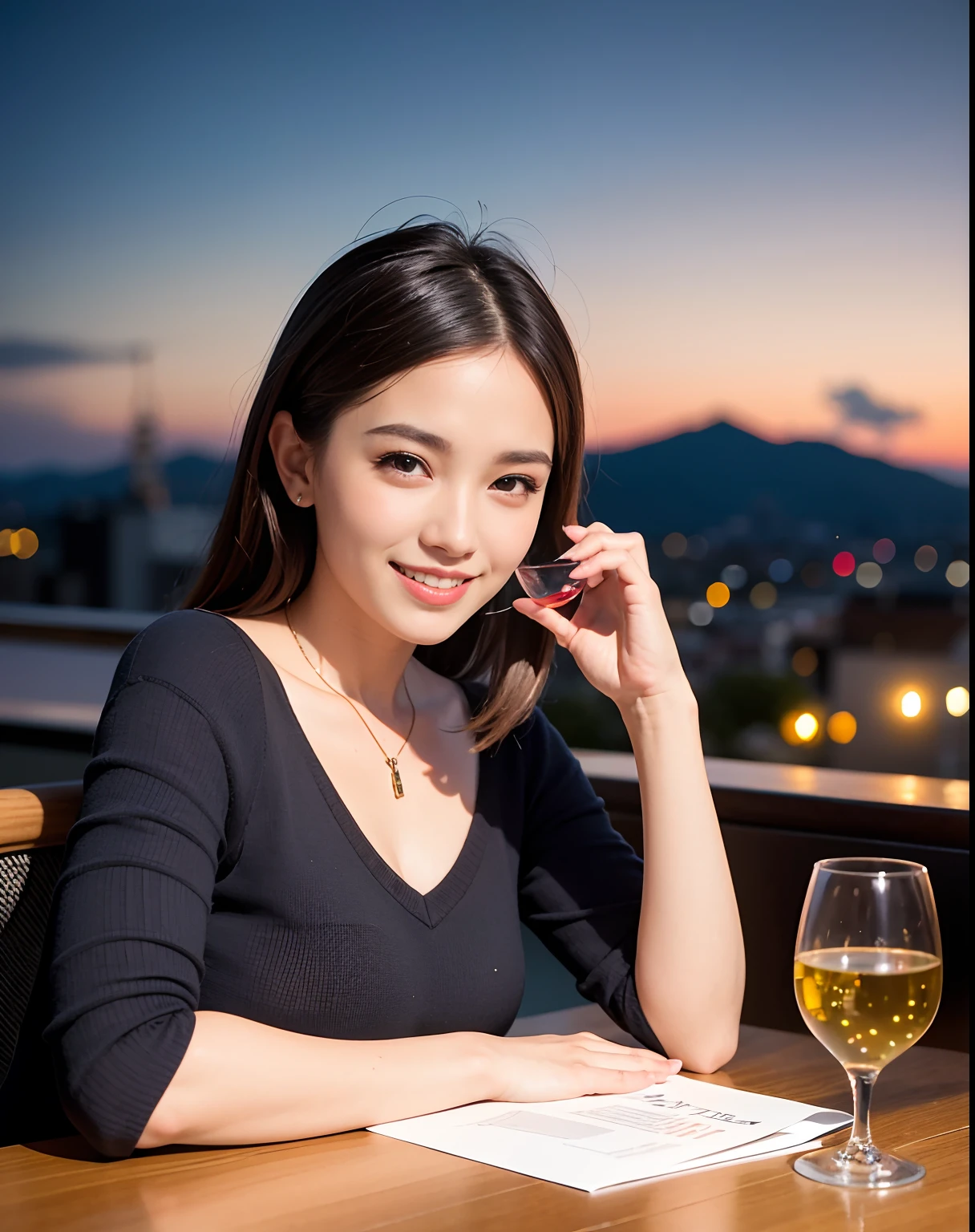 (64K, UHD, top quality, masterpiece: 1.2), (realistic, photorealistic: 1.37), super detailed, pretty woman 1 person, (slim face), (slim body), (brown hair), (short cut), cheeks slightly blushing, (44 years old), 38 years old, solo, beautiful detailed urban night view outside the window, restaurant, wine glasses sit, at night, in a prominent placeNovaFrogStyle, Actress, Model, Waist Up, White Wine, Slim, Wine Glass, Super Clean Night View, Wine Glass Put in the Middle, Happy Smile, (Smile: 1.15), Beautiful Fine Eyes, Upper Body, Bust Japan Up, Night, Short, Short, Actress, Model, Waist Up, White Wine, Slim, Wine Glass, Super Clean Night View, Wine Glass Put in the Middle, Happy Smile,