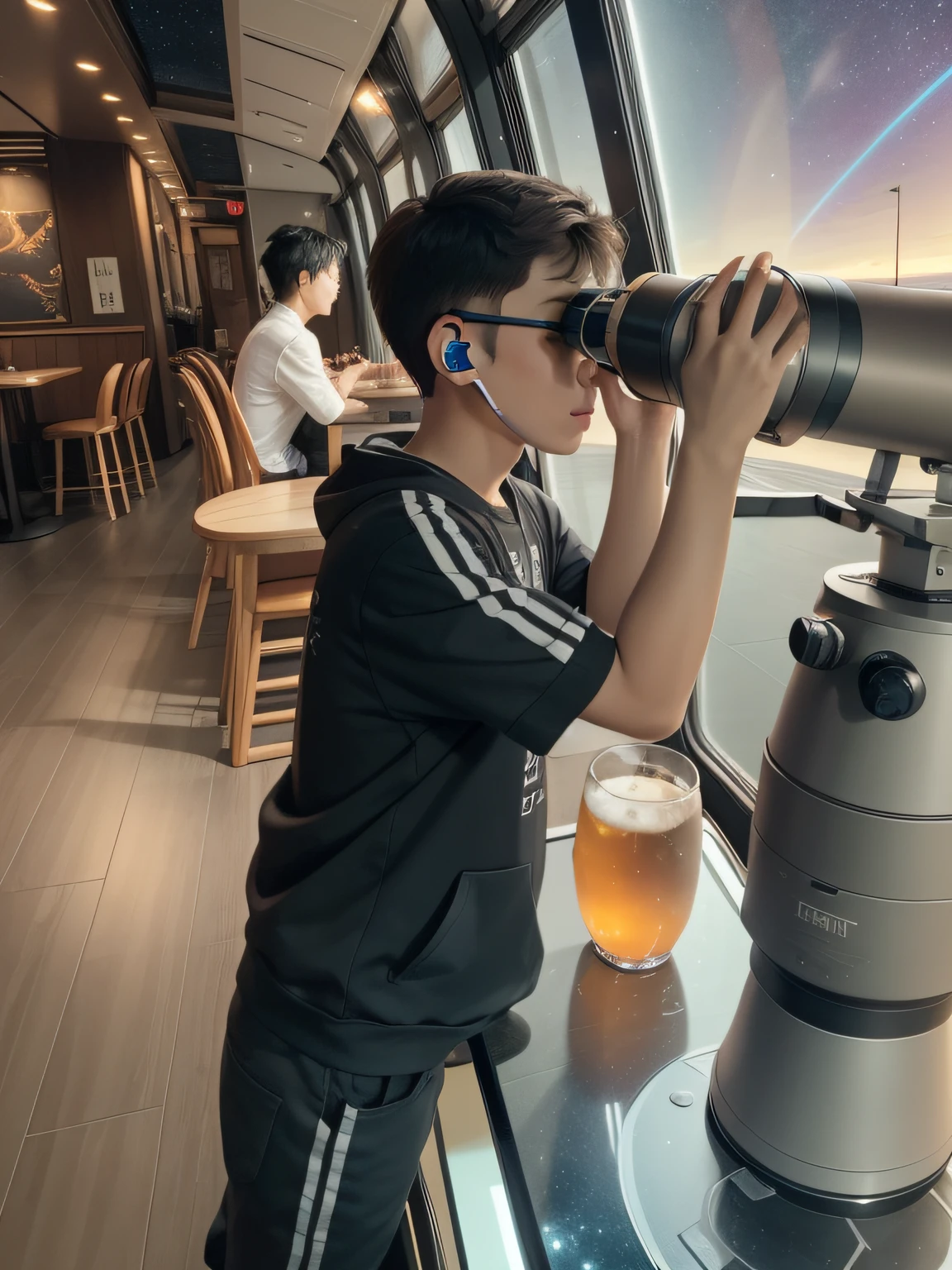 There is a boy wearing a wireless Bluetooth headset in his ears looking out the window through a telescope。,Next to it is an interstellar-themed restaurant。A virtual control panel appears on his dining table.
