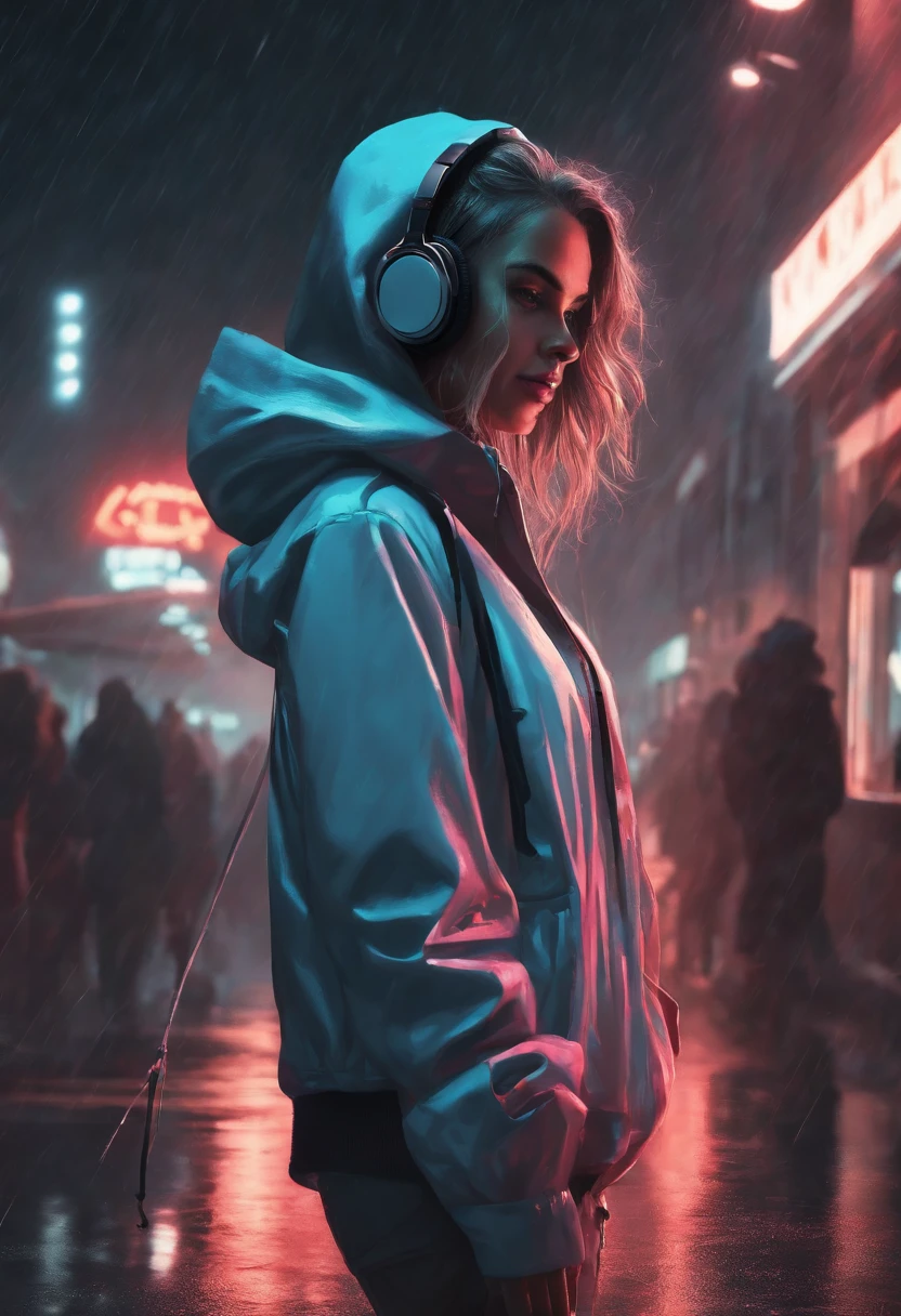 best masterpiece,1girl,solo,incredibly absurdres,hoodie,headphones, street,outdoors,rain,neon lights, light smile, hood up, hands in pockets, looking away, from side, lineart, monochrome,