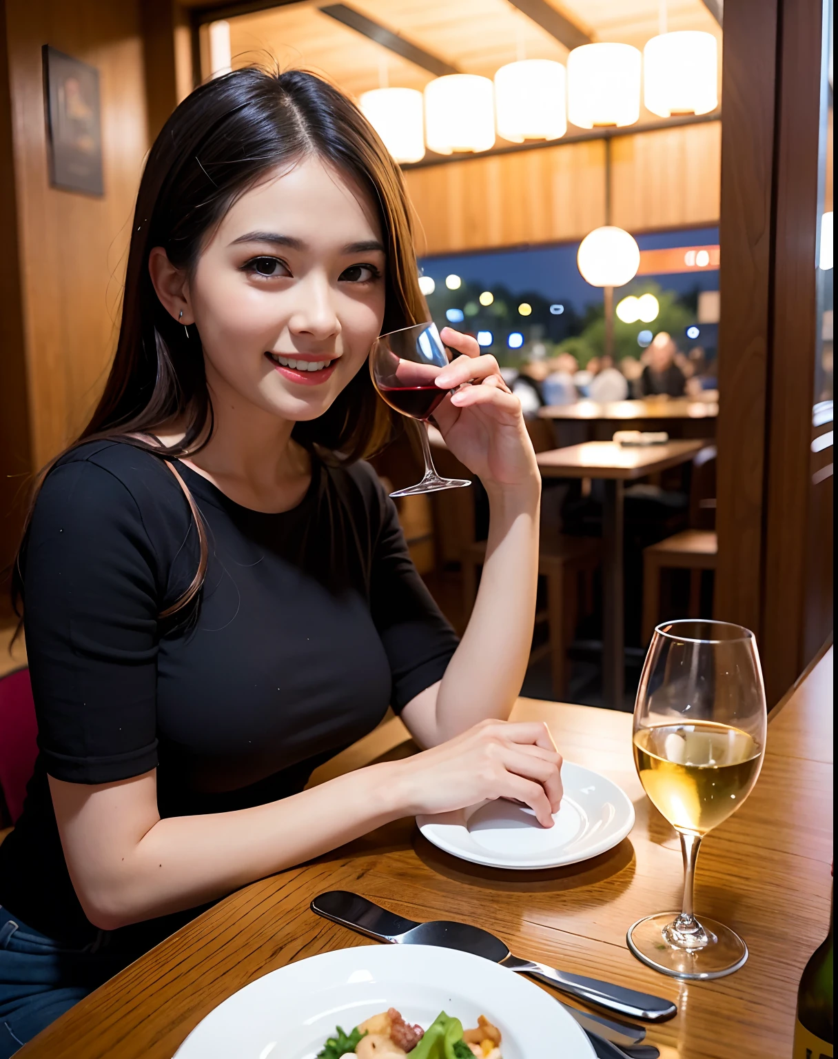 (64K, UHD, top quality, masterpiece: 1.2), (realistic, photorealistic: 1.37), super detailed, pretty woman 1 person, (slim face), (slim body), (brown hair), (short cut), cheeks slightly blushing, (44 years old), 38 years old, solo, beautiful detailed urban night view outside the window, restaurant, wine glasses sit, at night, in a prominent placeNovaFrogStyle, Actress, Model, Waist Up, White Wine, Slim, Wine Glass, Super Clean Night View, Wine Glass Put in the Middle, Happy Smile, (Smile: 1.15), Beautiful Fine Eyes, Upper Body, Bust Japan Up, Night, Short, Short, Actress, Model, Waist Up, White Wine, Slim, Wine Glass, Super Clean Night View, Wine Glass Put in the Middle, Happy Smile,