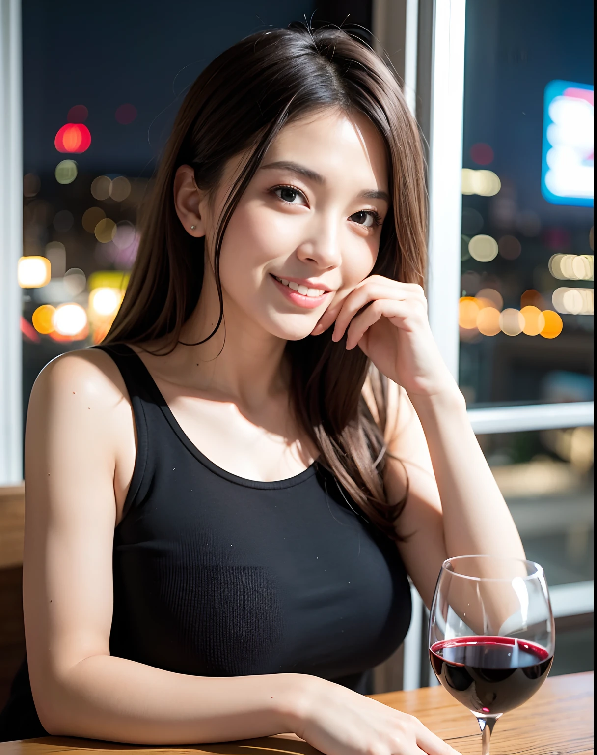 (64K, UHD, top quality, masterpiece: 1.2), (realistic, photorealistic: 1.37), super detailed, pretty woman 1 person, (slim face), (slim body), (brown hair), (short cut), cheeks slightly blushing, (44 years old), 38 years old, solo, beautiful detailed urban night view outside the window, restaurant, wine glasses sit, at night, in a prominent placeNovaFrogStyle, Actress, Model, Waist Up, White Wine, Slim, Wine Glass, Super Clean Night View, Wine Glass Put in the Middle, Happy Smile, (Smile: 1.15), Beautiful Fine Eyes, Upper Body, Bust Japan Up, Night, Short, Short, Actress, Model, Waist Up, White Wine, Slim, Wine Glass, Super Clean Night View, Wine Glass Put in the Middle, Happy Smile,