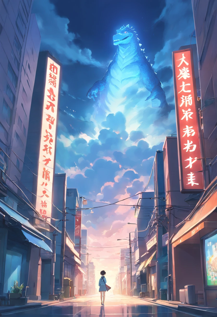 Skysky,clouds,No_Humanity,with light glowing,Godzilla,urban buildings,scientific fiction,Realistis