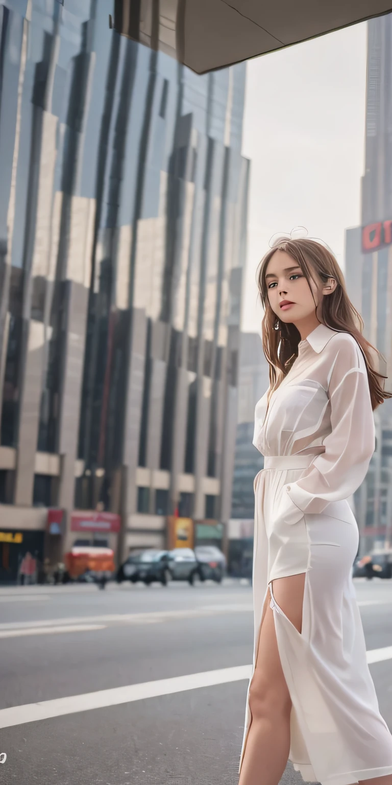 mix4, 20d, Solo, long_hair, Shirt, Dress, high_heels,full_Body, Look_で_viewer, (8K, RAW Photos, top-quality, masterpiece:1.2), (reallistic, Photorealsitic:1.37), Professional Writing, photon maping, Radio City,physically-based renderingt、Many buildings behind