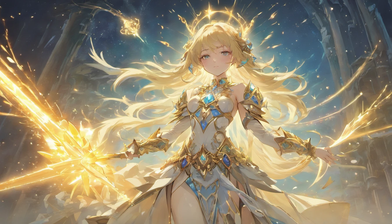 Long hair, magia (tmasterpiece, SuperiorQuality, best qualityer, offcial art, Beautiful and aesthetic: 1.2), (1girll:1.3), (s fractal art:1.3),In the field there was an extremely beautiful woman and a sword, Costumes, Seductive magical woman, cleric, ornate armour, Dress up as a Juliet clergyman, Extremely detailed footage of the goddess, lunar themed attire, complex clothing, pretty female cleric, Lineage 2, wearing fancy clothes, blonde goddess, wearing shiny breastplate, ((best qualityer)), ((tmasterpiece)), ((realisticlying)), Portrait 1 girl, Celestial, Deities, goddes, Light particles, Halo, looking at viewert, Bare legged, Bare arms, Barefoot, bareshoulders, Top of the chest tube, (Bioluminescent agent: 0.95) Angelic, Bioluminescent agent, vibration, coloring, colours, (brightly, splendor), (Beautiful composition), cinematic lightning, 复杂, (对称: 0,5), capricious, Extremely large and perfect hair