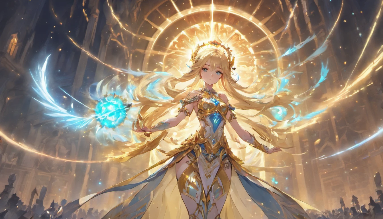Long hair, magia (tmasterpiece, SuperiorQuality, best qualityer, offcial art, Beautiful and aesthetic: 1.2), (1girll:1.3), (s fractal art:1.3),In the field there was an extremely beautiful woman and a sword, Costumes, Seductive magical woman, cleric, ornate armour, Dress up as a Juliet clergyman, Extremely detailed footage of the goddess, lunar themed attire, complex clothing, pretty female cleric, Lineage 2, wearing fancy clothes, blonde goddess, wearing shiny breastplate, ((best qualityer)), ((tmasterpiece)), ((realisticlying)), Portrait 1 girl, Celestial, Deities, goddes, Light particles, Halo, looking at viewert, Bare legged, Bare arms, Barefoot, bareshoulders, Top of the chest tube, (Bioluminescent agent: 0.95) Angelic, Bioluminescent agent, vibration, coloring, colours, (brightly, splendor), (Beautiful composition), cinematic lightning, 复杂, (对称: 0,5), capricious, Extremely large and perfect hair