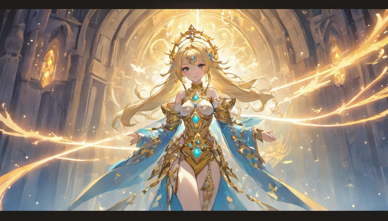 Long hair, magia (tmasterpiece, SuperiorQuality, best qualityer, offcial art, Beautiful and aesthetic: 1.2), (1girll:1.3), (s fractal art:1.3),In the field there was an extremely beautiful woman and a sword, Costumes, Seductive magical woman, cleric, ornate armour, Dress up as a Juliet clergyman, Extremely detailed footage of the goddess, lunar themed attire, complex clothing, pretty female cleric, Lineage 2, wearing fancy clothes, blonde goddess, wearing shiny breastplate, ((best qualityer)), ((tmasterpiece)), ((realisticlying)), Portrait 1 girl, Celestial, Deities, goddes, Light particles, Halo, looking at viewert, Bare legged, Bare arms, Barefoot, bareshoulders, Top of the chest tube, (Bioluminescent agent: 0.95) Angelic, Bioluminescent agent, vibration, coloring, colours, (brightly, splendor), (Beautiful composition), cinematic lightning, 复杂, (对称: 0,5), capricious, Extremely large and perfect hair