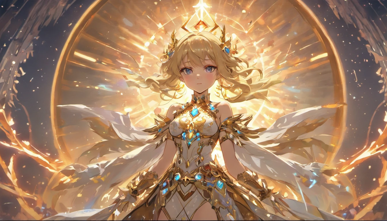 Long hair, magia (tmasterpiece, SuperiorQuality, best qualityer, offcial art, Beautiful and aesthetic: 1.2), (1girll:1.3), (s fractal art:1.3),In the field there was an extremely beautiful woman and a sword, Costumes, Seductive magical woman, cleric, ornate armour, Dress up as a Juliet clergyman, Extremely detailed footage of the goddess, lunar themed attire, complex clothing, pretty female cleric, Lineage 2, wearing fancy clothes, blonde goddess, wearing shiny breastplate, ((best qualityer)), ((tmasterpiece)), ((realisticlying)), Portrait 1 girl, Celestial, Deities, goddes, Light particles, Halo, looking at viewert, Bare legged, Bare arms, Barefoot, bareshoulders, Top of the chest tube, (Bioluminescent agent: 0.95) Angelic, Bioluminescent agent, vibration, coloring, colours, (brightly, splendor), (Beautiful composition), cinematic lightning, 复杂, (对称: 0,5), capricious, Extremely large and perfect hair
