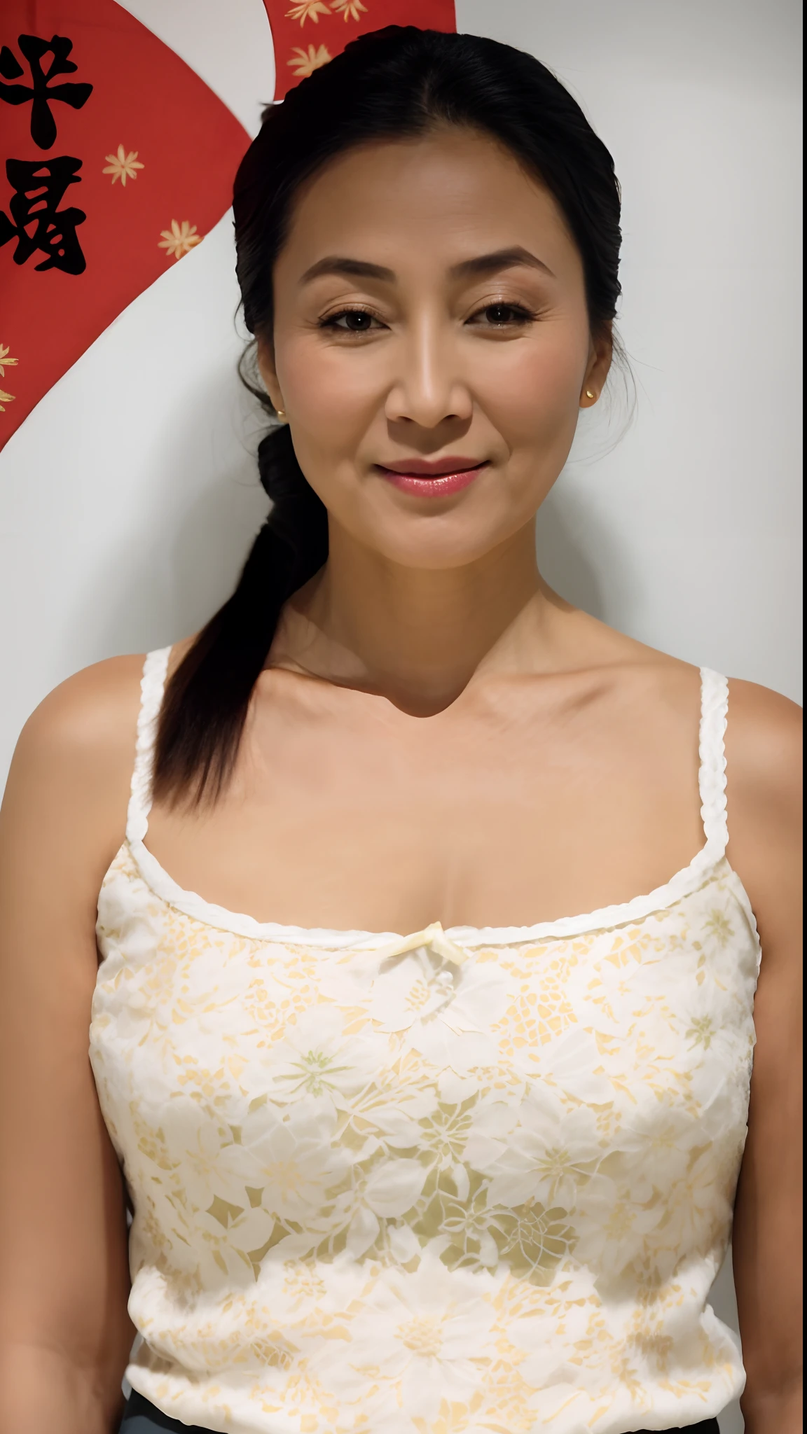 45 yers old，femele，Elegant feminine，Happy and charming, detail in face，There are fine wrinkles，Wear green close-fitting clothing，Traditional Chinese cheongsam（Intricate embroidery patterns），M cup，The chest contour is drooping，Gorgeous and elegant 47-year-old woman, Dark green close-fitting cheongsam，The background is blurred out，RAW photo, Beautiful face portrait photo， hard shadows, cinema shot, Dramatic lighting