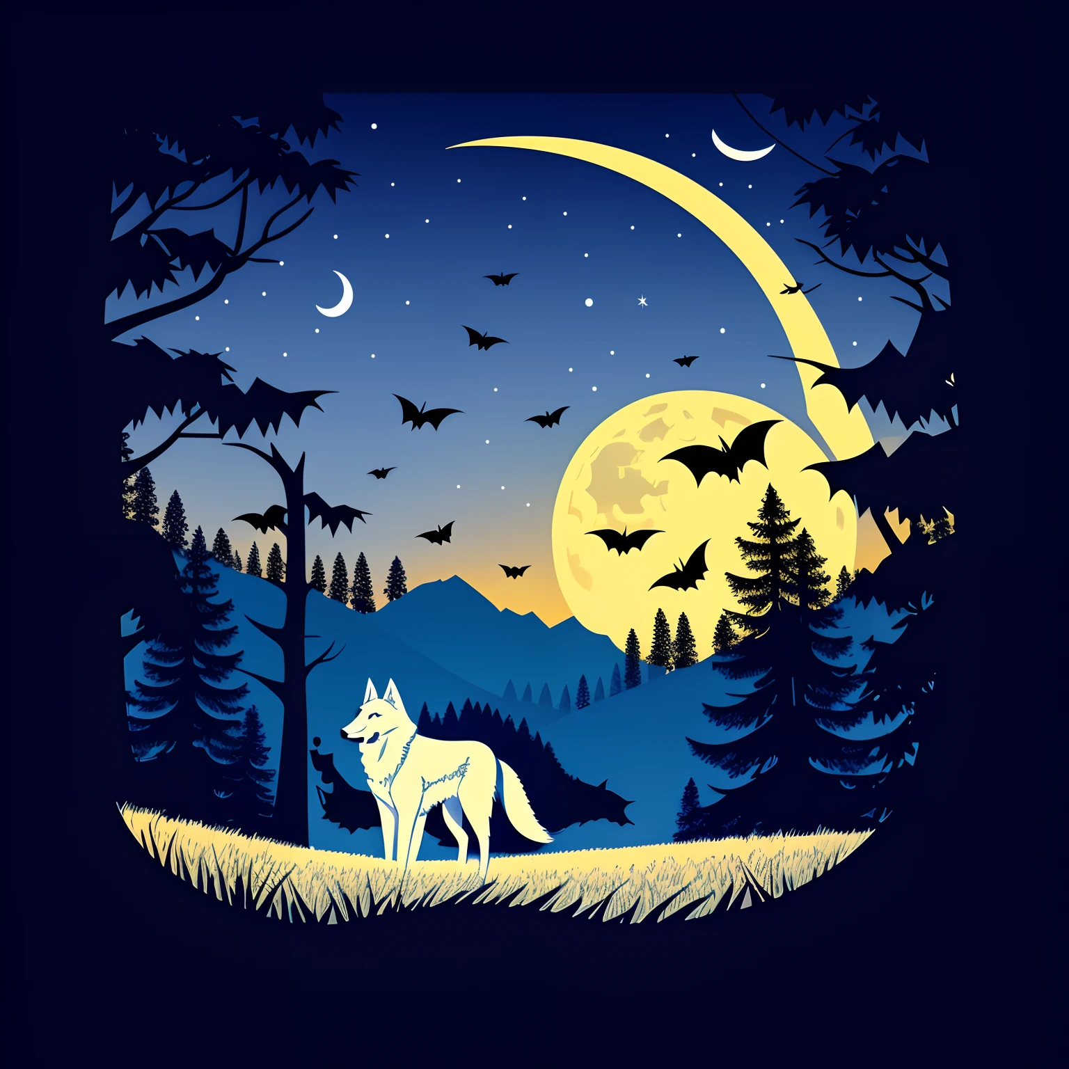 Vector shirt design, simple vector art with white outlines. A charming wild wolf with a half moon behind it. Bats flying in the sky, trees creeping from the sides, cinematic ultra lighting --auto