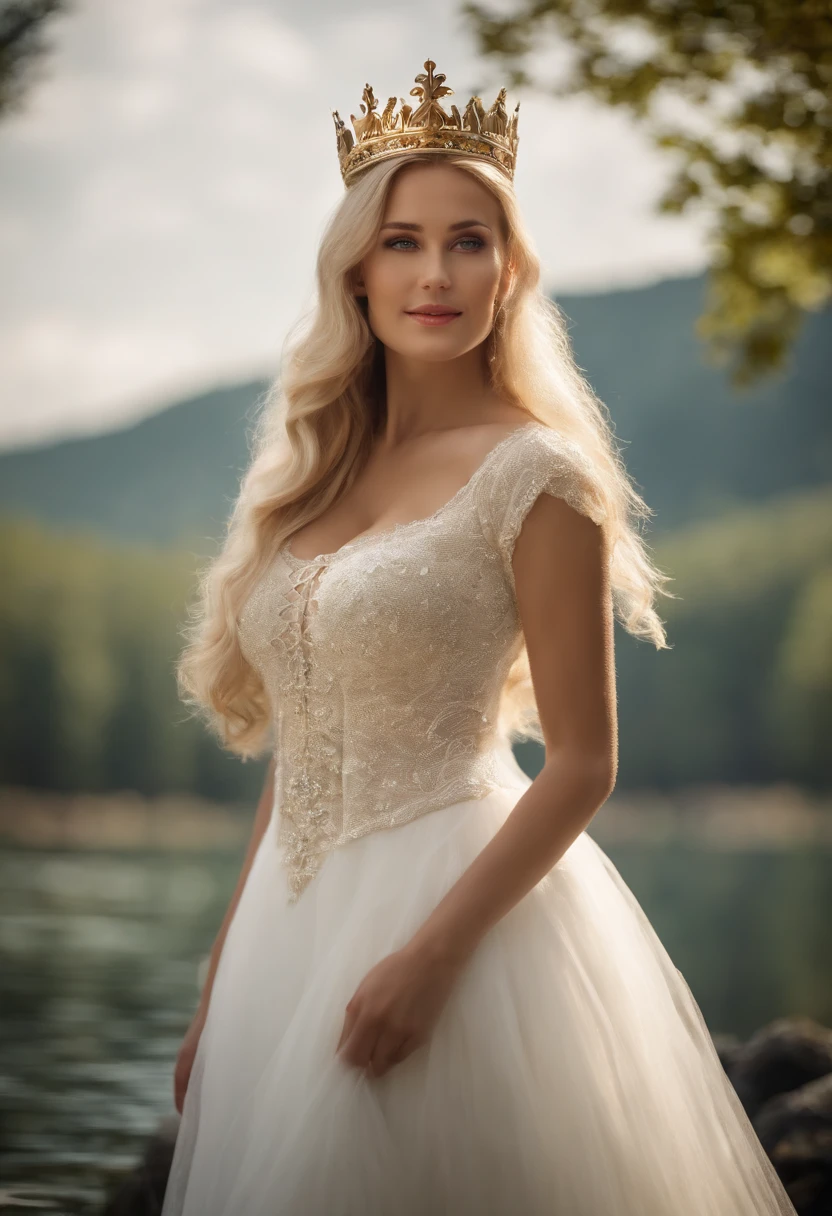 Smile face, Medieval white tulle clothing, Golden crown, ((Best quality, 16 k, Masterpiece)), Clear focus: 1.2, (layers-Cut, Huge breasts:1.3), Beautiful goddess with perfect figure, Slender abs:1.1, Highly detailed face and skin texture, Detailed eyes, Double eyelids, Long hair, Blonde hair, (Float on a lake in the forest:1.2), Full body shot,