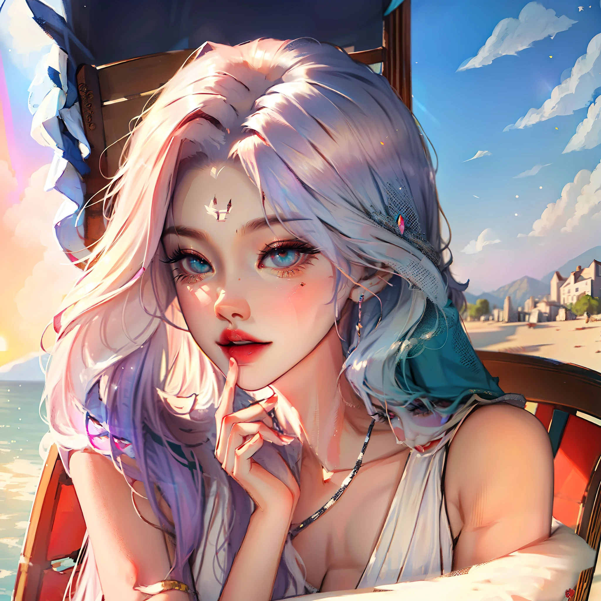 Anime girl with clear eyes, beautiful long hair, beautiful face, sexy body, Blind girl, Eating, beautiful Landscape, sit in chair, portrait, beautiful sun