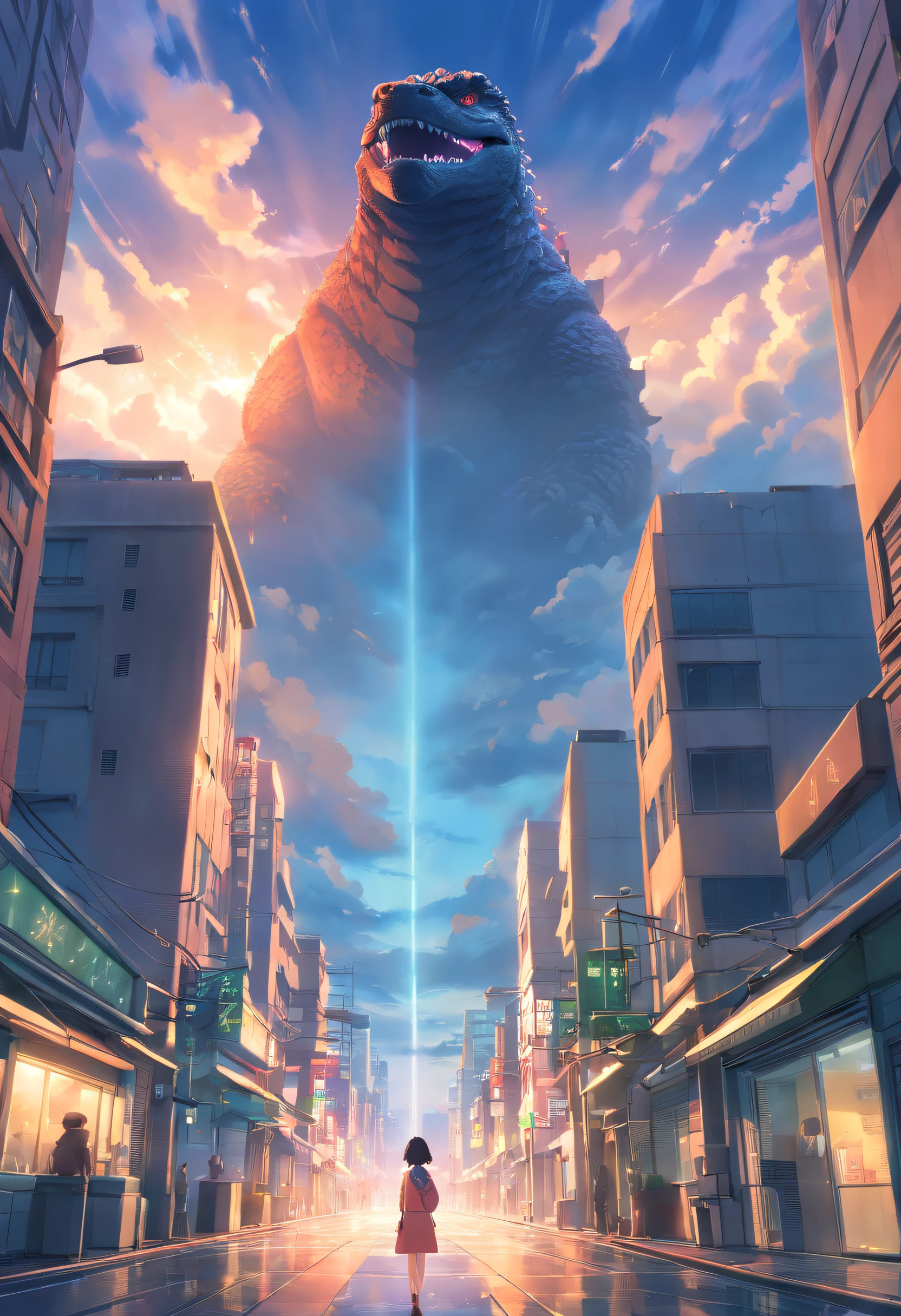 Skysky，​​clouds，No_Humanity，with light glowing，Godzilla，urban buildings，scientific fiction，Realistis