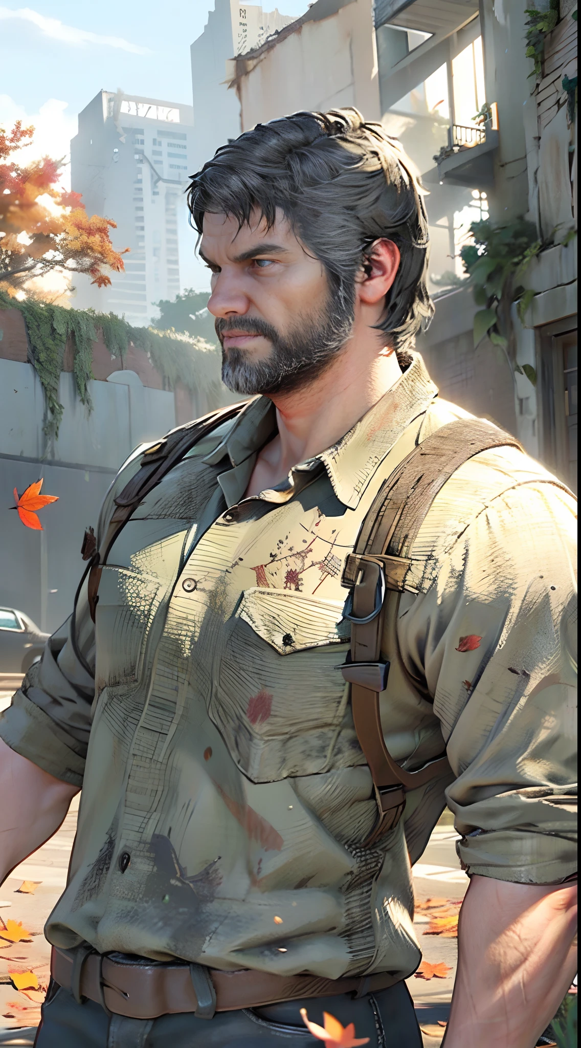 Best quality, masterpiece, ultra high res,detailed background,hadesstyle,solo,joel \(the last of us\),male,mature,bara,mature male,facial hair,dusk,cowboy shot,cloudy sky,autumn,autumn leaves,short hair,broken city,ruined street,ruins,post apocalypstic world,plant,vines,serious,looking at viewer,depth of field,upper body shot,